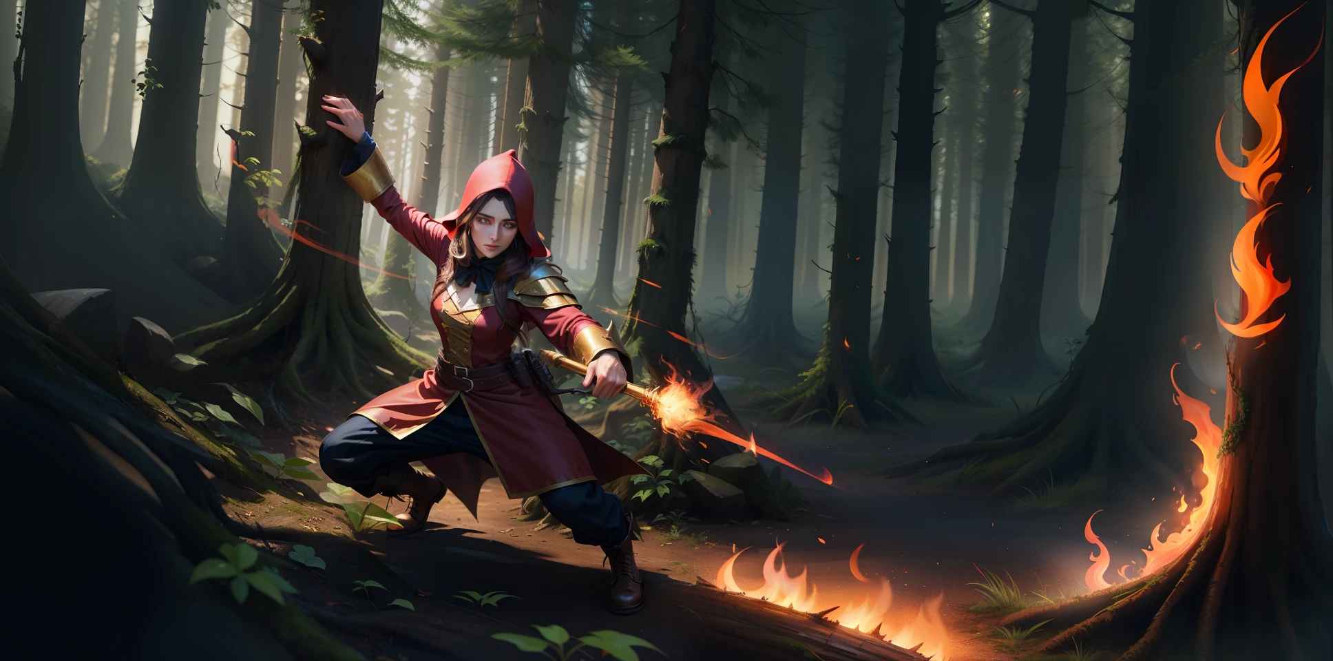 dark forest full of magical flames