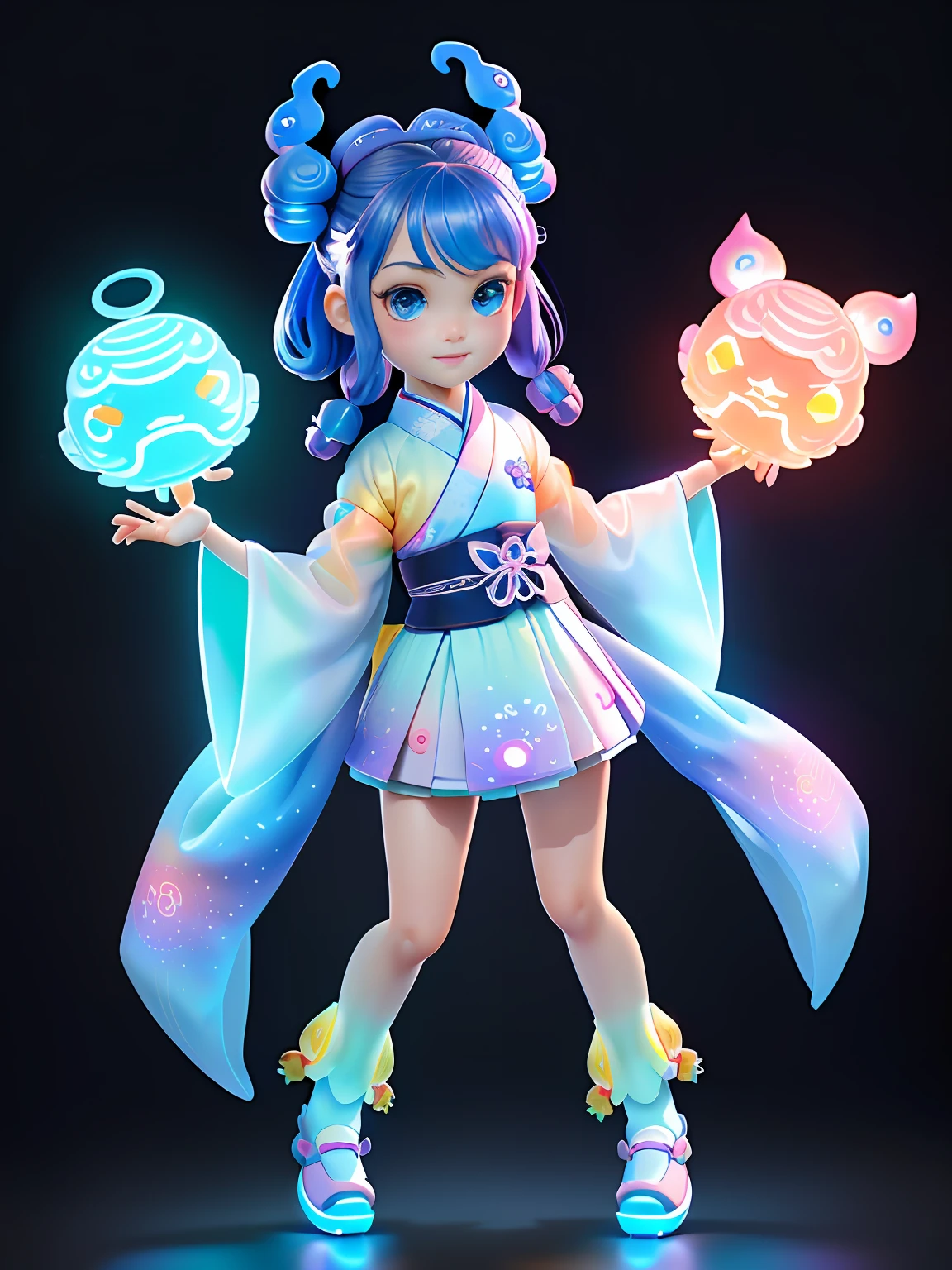 Super cute girl full body 3D drawing,1pc,There are dragon horns on the forehead,good eyes looking,largeeyes,adolable,having fun,C4D,Pop Matt Blind Box,,Glowing bubbles,toys,solid color backdrop,tchibi,Fluorescent transmission,luminous body, kawaii,dolls,(((Ancient Hanfu,Blue Hanfu))),reference sheet,Pop Mart blind box,by Pixar,complexdetails,3Drenderingof,blender,OC renderer,FOL body reference sheet,drools,High details,8K,Studio lighting,,Petite,child,tchibi , SD character:1.1,magic lab background