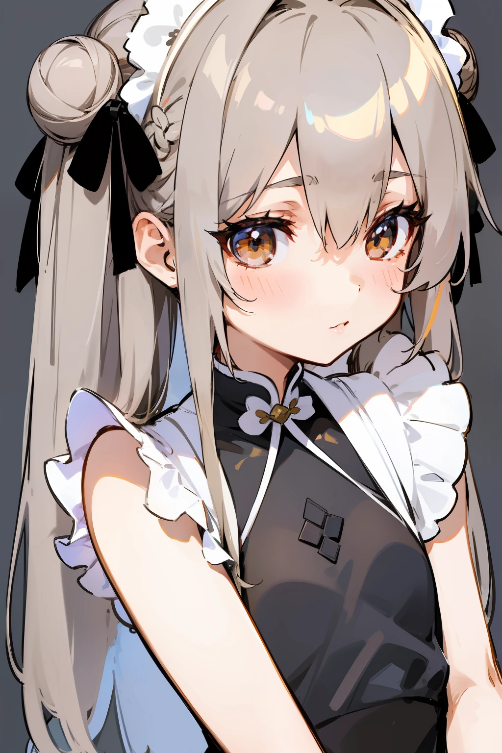 girl with、kawaii、silber hair、flaxen hair、Half Twin Tail、Bun、Longhaire、Brown eyes、Black cheongsam、frilld、hightquality