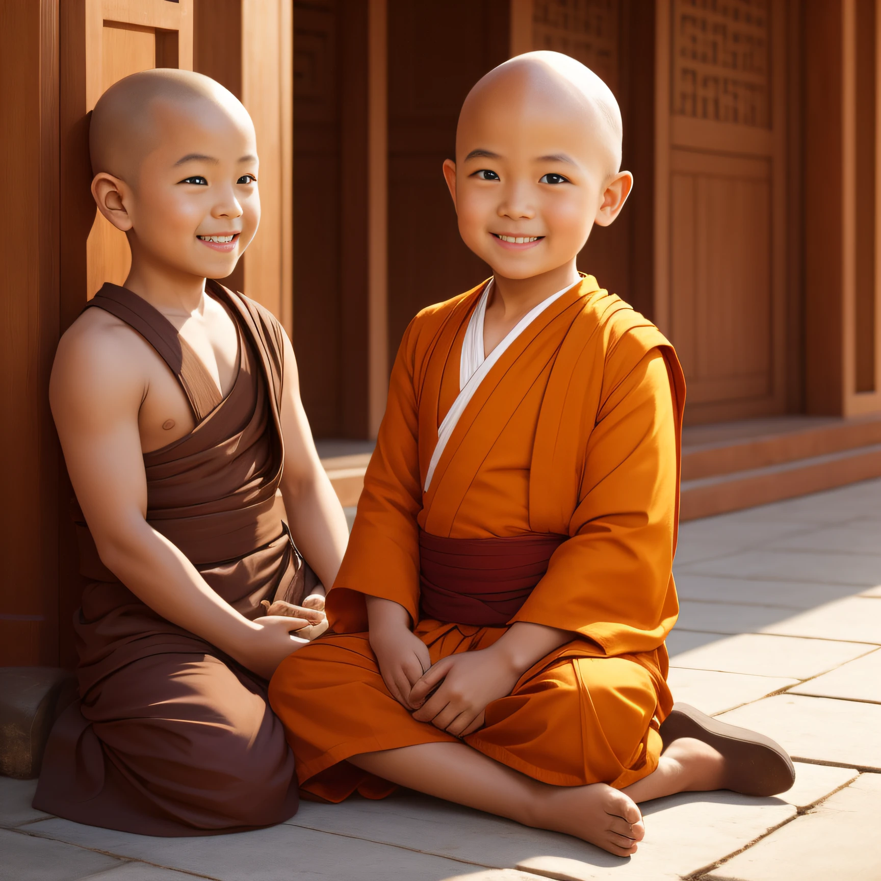 With a smile,Eyebrow beauty,Little monk without hair,Buddha sitting in front of the temple knocks on wooden fish