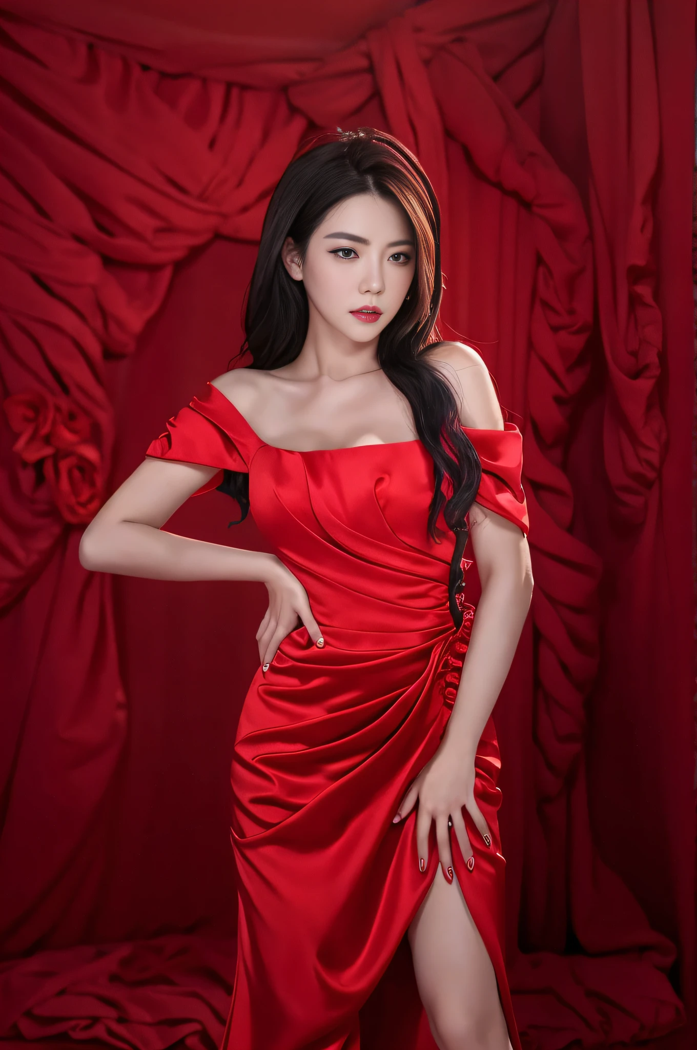 Woman in red dress，white skinned，Beautiful neckline，Black color hair，Smooth neck line，with fair skin，Beautiful and generous