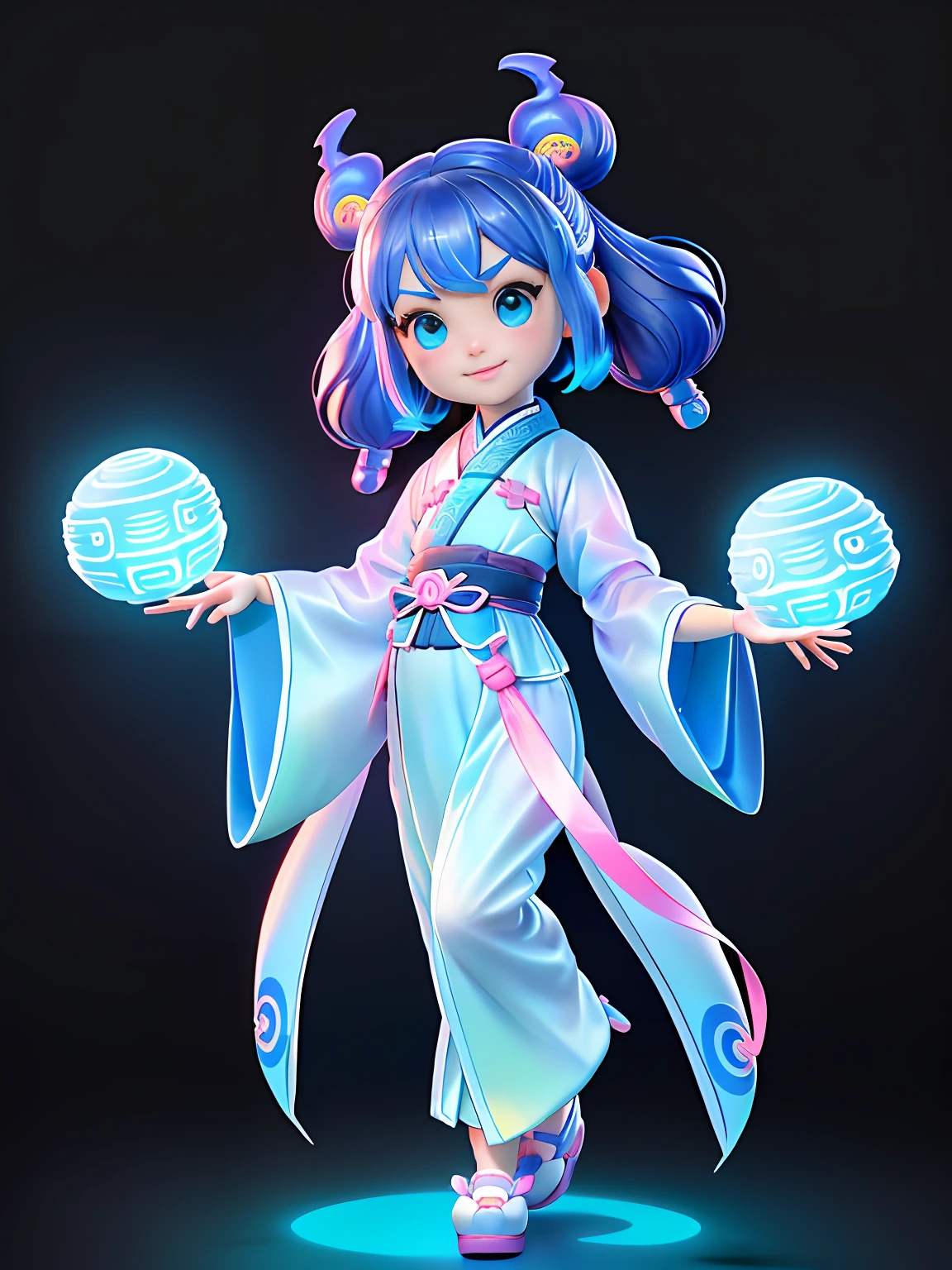 Super cute girl full body 3D drawing,1pc,There are dragon horns on the forehead,good eyes looking,largeeyes,adolable,having fun,C4D,Pop Matt Blind Box,,Glowing bubbles,toys,solid color backdrop,tchibi,Fluorescent transmission,luminous body, kawaii,dolls,(((Ancient Hanfu,Blue Hanfu))),reference sheet,Pop Mart blind box,by Pixar,complexdetails,3Drenderingof,blender,OC renderer,FOL body reference sheet,drools,High details,8K,Studio lighting,,Petite,child,tchibi , SD character:1.1,magic lab background