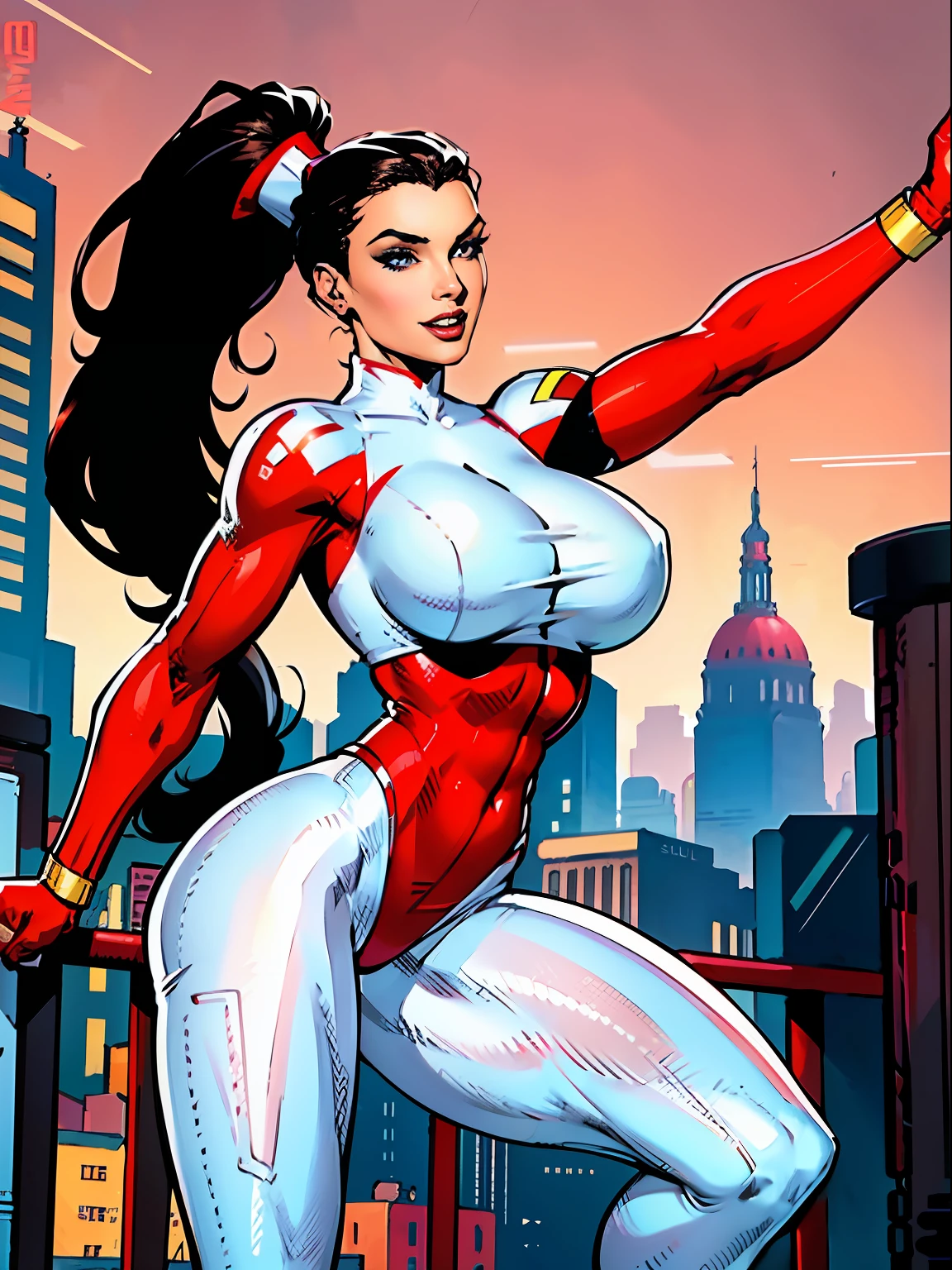 1girl, Stretcher the busty comic book woman, masterpiece, beautiful, high quality, high definition, superb quality, highly detailed, insane detail, sexy pose, posing for cameras, running, happy, smiling, jogging, bouncing breasts, long hair, huge ponytail, slim, thin, athletic, womanly, rubbery, elastic woman, (white and red spandex, white and red legs, tight top), rubber body, brunette, ((huge breasts, slim waist)), city, heroic, cheerful, (bold nose, hawkish facial features),