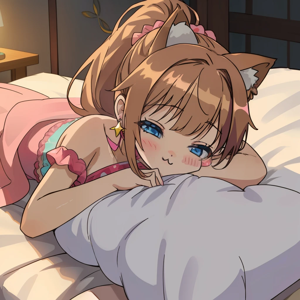 (Highly detailed CG Unity 8k wallpaper), (Best Quality), (Super Detail), (Best Illustration), (Best Shadow), POV, Realistic lighting and shading, Natural light, Lens flare effect, BREAK, 1 beautiful girl, Solo,(Cute:1.5),(Chibi:0.8), (kawaii:1.5),(Lori:0.5), BREAK, ( ( girl), Very detailed, colourfull, highest details, BREAK, (Huge breasts: 1. 2,), Clear skin, Beautiful skin, Shy skin, 1 beautiful girl, Brown hair, (Cat ears, Ponytail, medium-Long hair: 1. 2), (Light blue eyes, long eyelashes, Double eyelids: 1. 2), Solo, gleaming skin, BREAK, (Turning red:1.2), (She has her hair tied in a bun.:1.0), (Barefoot with colorful nails:1.0), (barechested:1.2), (pink scrunchie:1.0), (star-shaped earring:1.1), (Lace headband:1.0), (Cute Accessories:1.3), (Angle from the ceiling,a bed,Sleeping face down:1.1),(Massage room background),