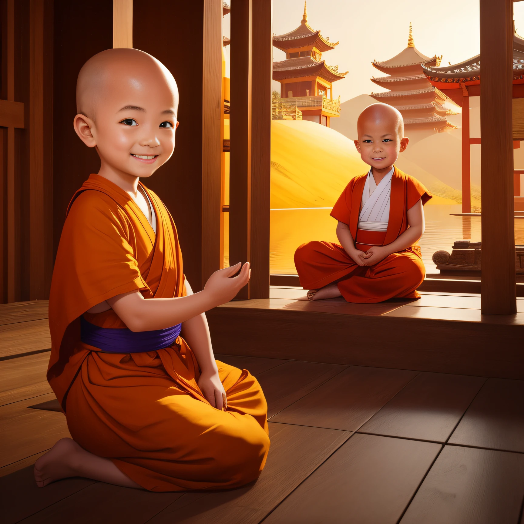 With a smile，Eyebrow beauty，Little monk without hair，Buddha sitting in front of the temple knocks on wooden fish