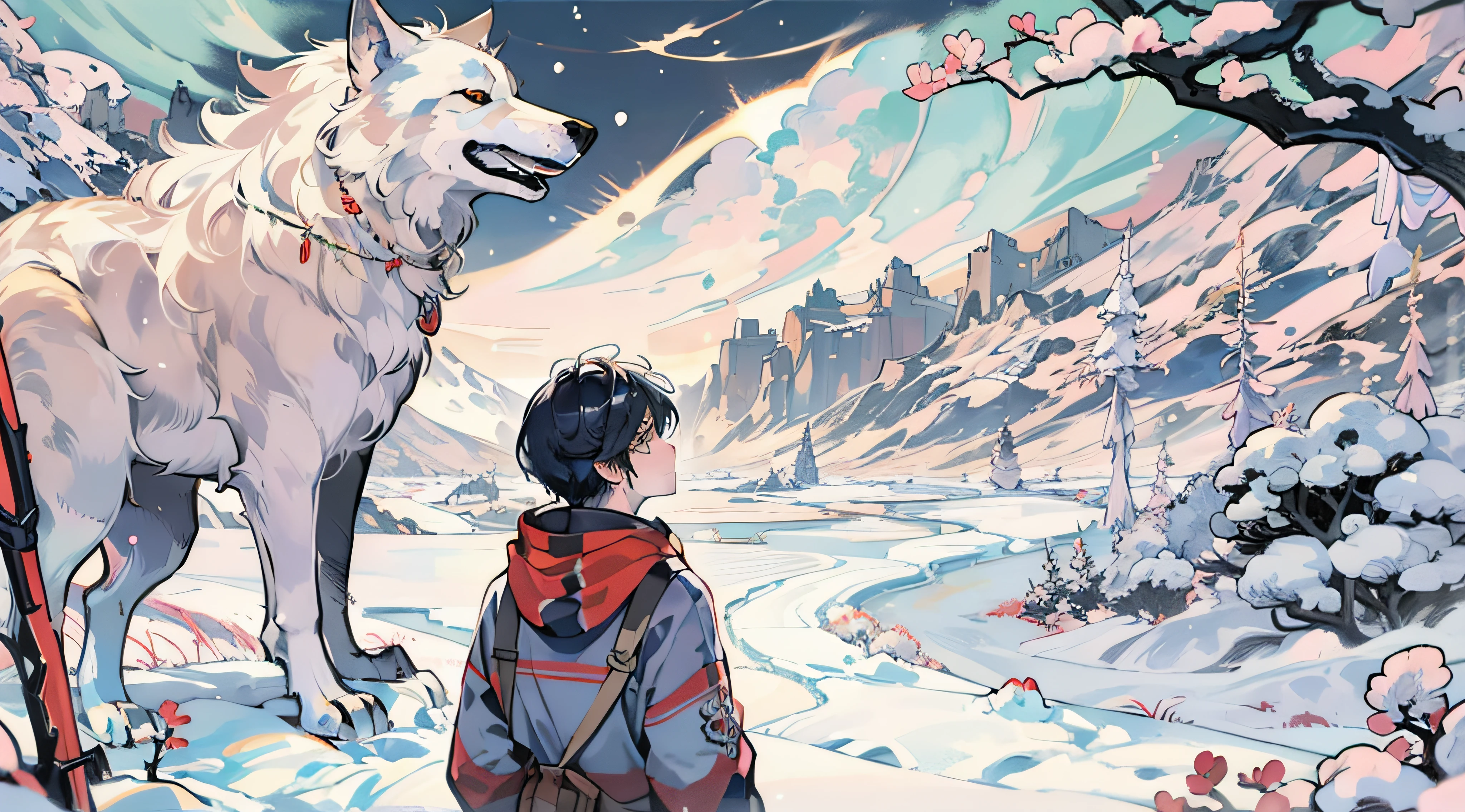 A boy and a wolf，Wolves surround the boy，Comic style，ukiyoe painting，Ice and snow，feeling of solitude，Wide angle field of view，tmasterpiece，A high resolution，8k