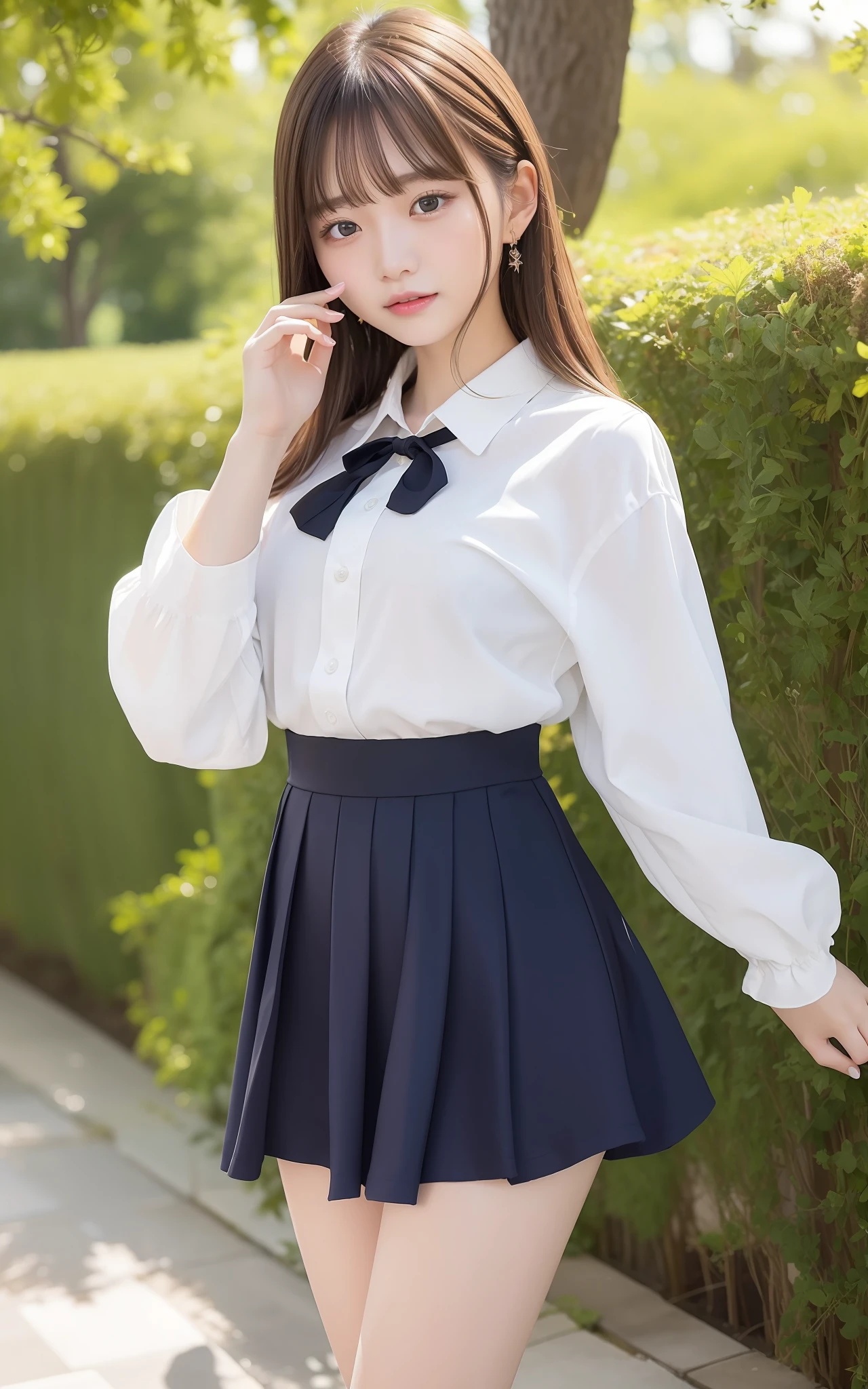 masterpiece、top-quality、Official art、Highly detailed CG Unity 8K wallpapers、Like a schoolgirl、a very delicate and beautiful、超A high resolution、(Photorealsitic:1.4)、Golden Hour Lighting、(The upper part of the body)、(Platinum Shorthair:0.8)、(Puffy eyes)、looking at the viewers、facing the front there、Laughing、JK Skirt、robe blanche、skirt rift、Only clothes are wet、bangss、Silky brown hair、Detailed hair strands、Lift the skirt to waist level to show panties、