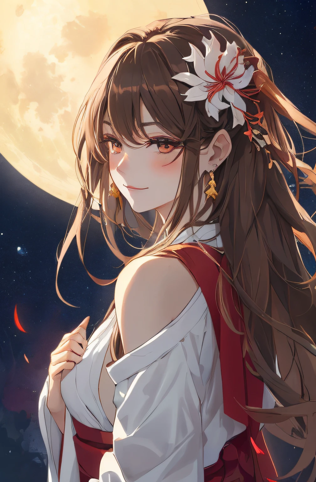 ((High resolution)), (kindly smile), (busty), ((of the highest quality)), ((Ultra Fine)) ((Ultrafine CG)), ((8K_Wallpaper)), Dynamic Angle, floating, (Eyes with beautiful details), Very delicate and beautiful girl, Full body, ink and watercolor painting, (Japanese style), Light brown eyes, burning, Detail light. from a_Low, (light brown hair), (Light red spider lily: 1.33), Light brown eye, (Hair Flower): 1.3), bloom, Single, Starry sky, Hair Ornament, earrings, Jewelry, messed up hair, Bare shoulders, Half-closed eyes, bloom, ((For men)), fairy tail, (Hanfu: 1.3), (medium breasts): 1.2), (eyeshadows, Red Eyeliner: 1.15), (eye shadow, Red Eyeliner: 1.15), (eye shadow, Red Eyeliner: 1.15), (eyes visible through hair: 1.2), (Solo)), Yellow Moon, Blushing, looking away from viewer, sideboob barbosa, visible from the side, From Side