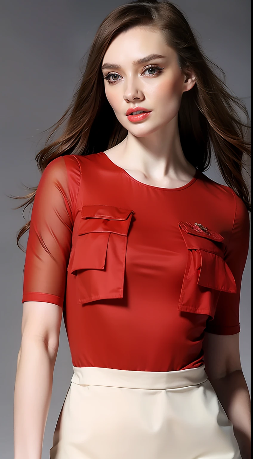 (Hyper Real), (illustratio), (A high resolution), (8K), (The is very detailed), (Most Best Illustration), (美丽细致的眼睛), (best qualtiy), (ultra - detailed), (tmasterpiece), (the wallpaper), (详细的脸), red attire,white apparel, 独奏, huge tit, (camel-toe)