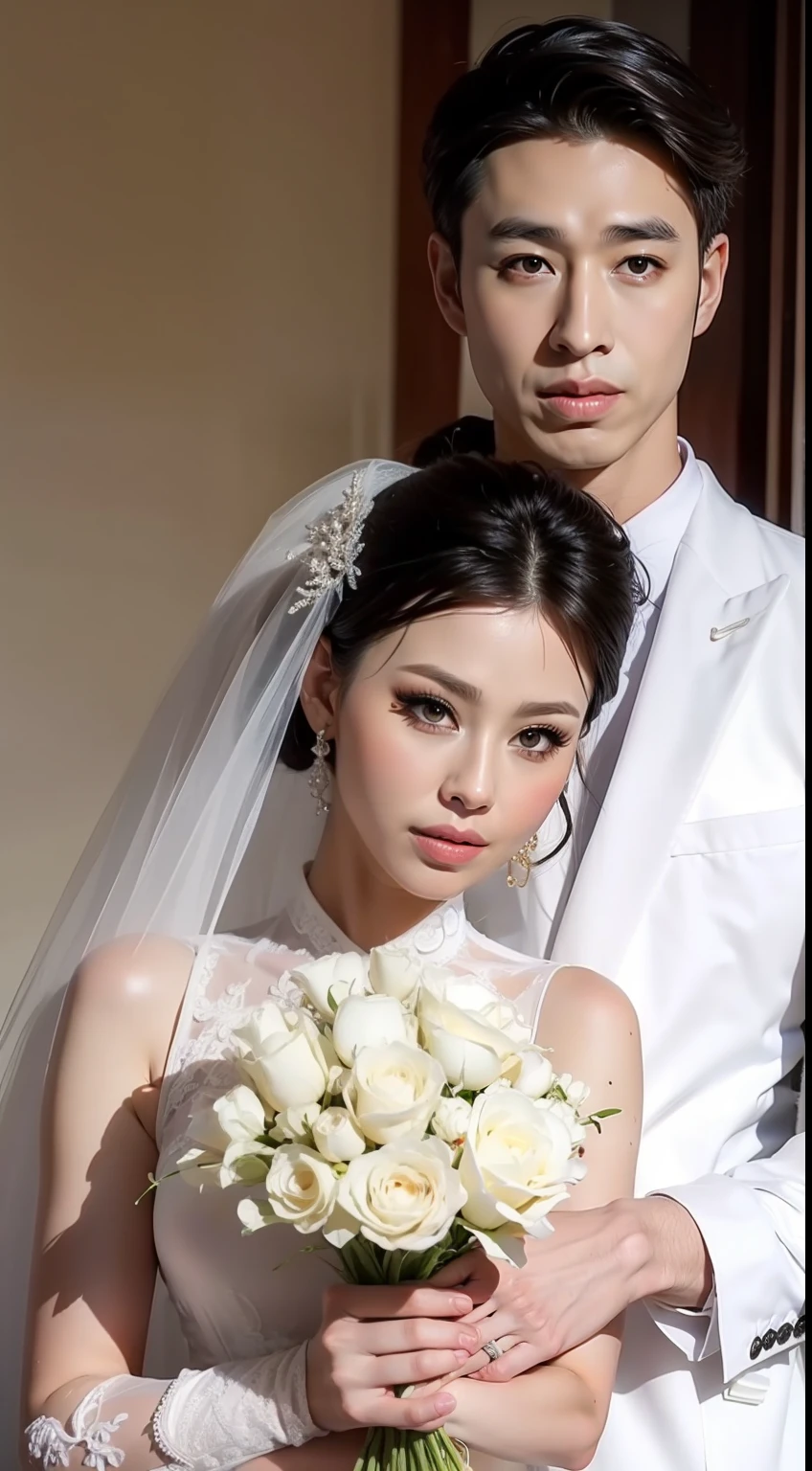 Fashion model 25 years old [[[[closeup cleavage]]]], [[[[boobgasm]]]], [[[[coll]]]], [[[[bshoulders]]]], perfect  eyes, Perfect iris，perfect lips，perfect teeth，Perfect skin，Soft front light，HDR，A couple，wedding gown，Masculine man in suit，Gentle lady wearing wedding dress；（pastel colour：1.2）
