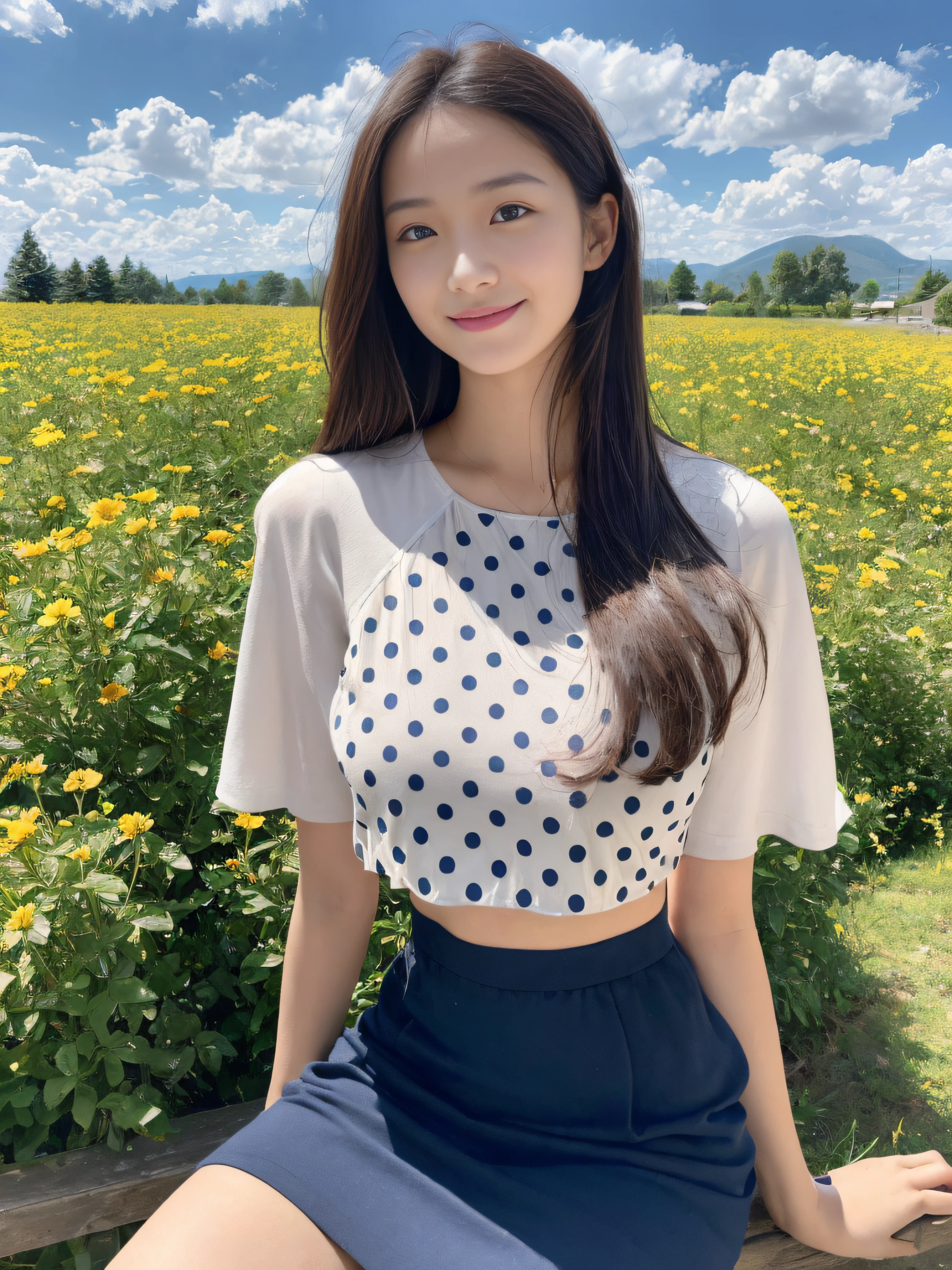 ((best qualtiy, 8K, tmasterpiece:1.3)),Focus:1.2, female high-school student,wooden cabin,(A look of determination)(adolable),delicated face,Long hair waist-length,long hair flowing,Tilt your head,ssmile,Hair details,Delicate Full Body Portrayal,Delicate depiction of the face,Best picture quality,A high resolution,细致背景,Delicate portrayal,exquisitedetails,Rich in detail,Facial strengthening,(Polka-dot crop tops and crop tops,short skirt),with blue sky and white clouds,Sitting Among the Flowers,wooden cabin,There are no bags under the eyes