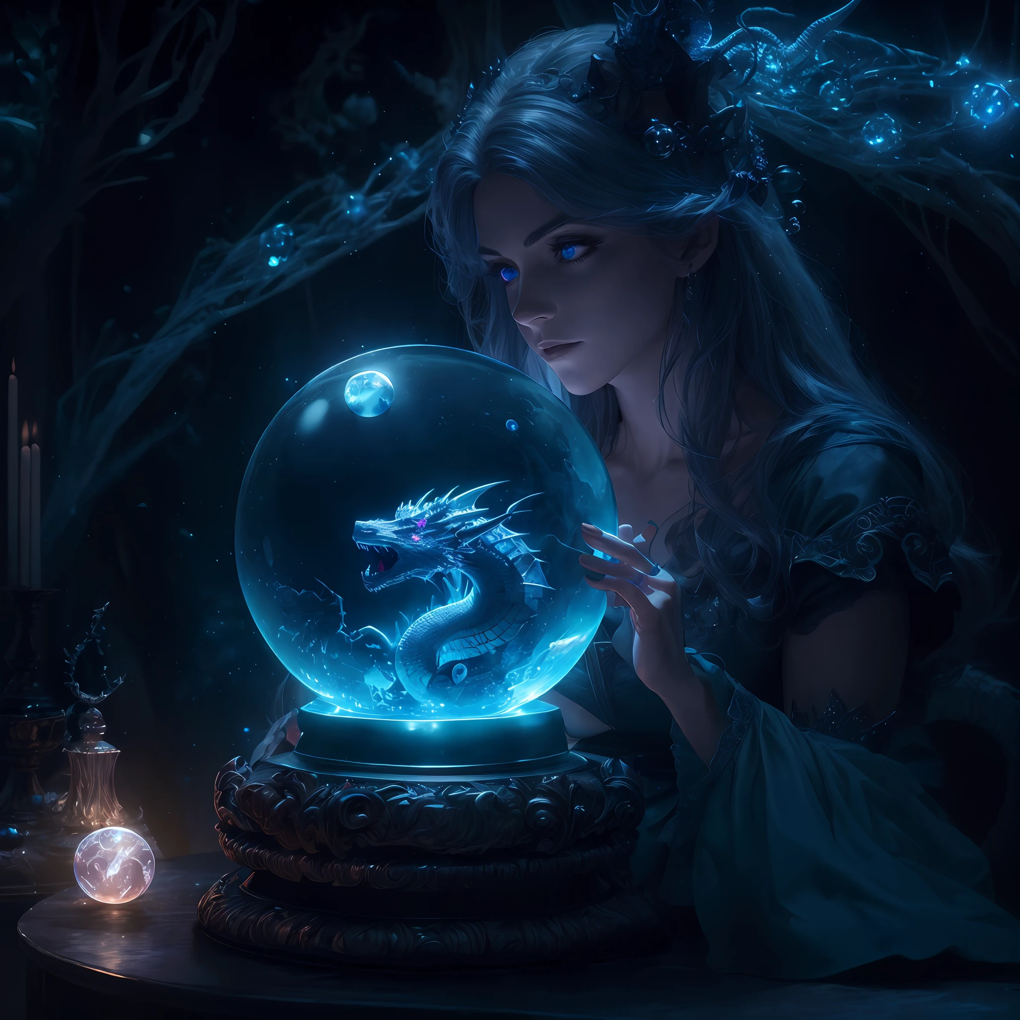 Moonlight, The evil witch casts magic on the Crystal ball in front of her, (There is a Western Dragon in the Crystal ball), The witch's eyes emit a blue flame, Electroluminescent Wire, Dreamy Glow, anatomically correct, (Photorealistic,masterpiece,best quality,UHD,extremely detailed, Cinematic Lighting )
