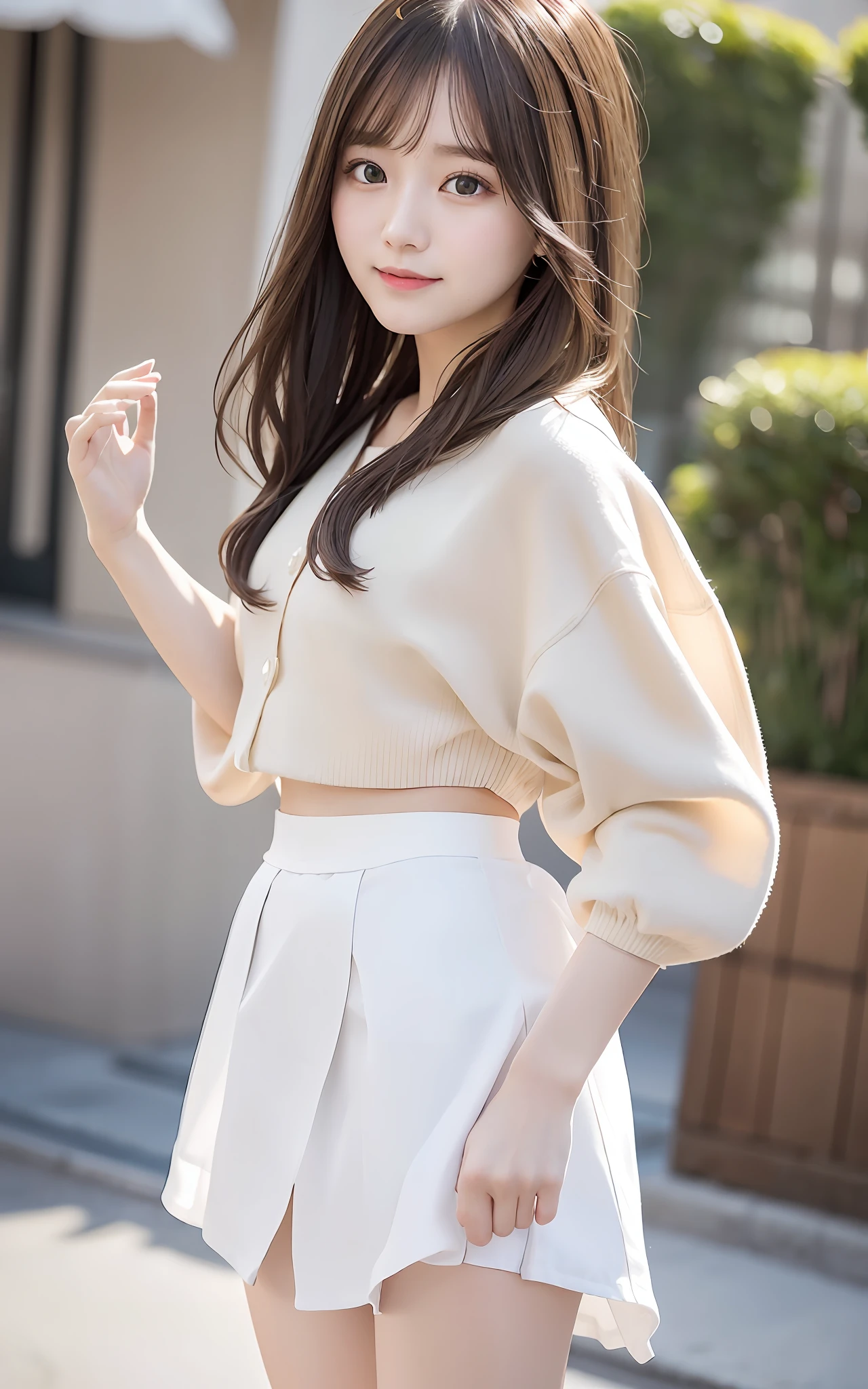 masterpiece、top-quality、Official art、Highly detailed CG Unity 8K wallpapers、Like a schoolgirl、a very delicate and beautiful、超A high resolution、(Photorealsitic:1.4)、Golden Hour Lighting、(The upper part of the body)、(Platinum Shorthair:0.8)、(Puffy eyes)、looking at the viewers、facing the front there、Laughing、JK Skirt、robe blanche、skirt rift、Only clothes are wet、bangss、Silky brown hair、Detailed hair strands、Lift the skirt to waist level to show panties、