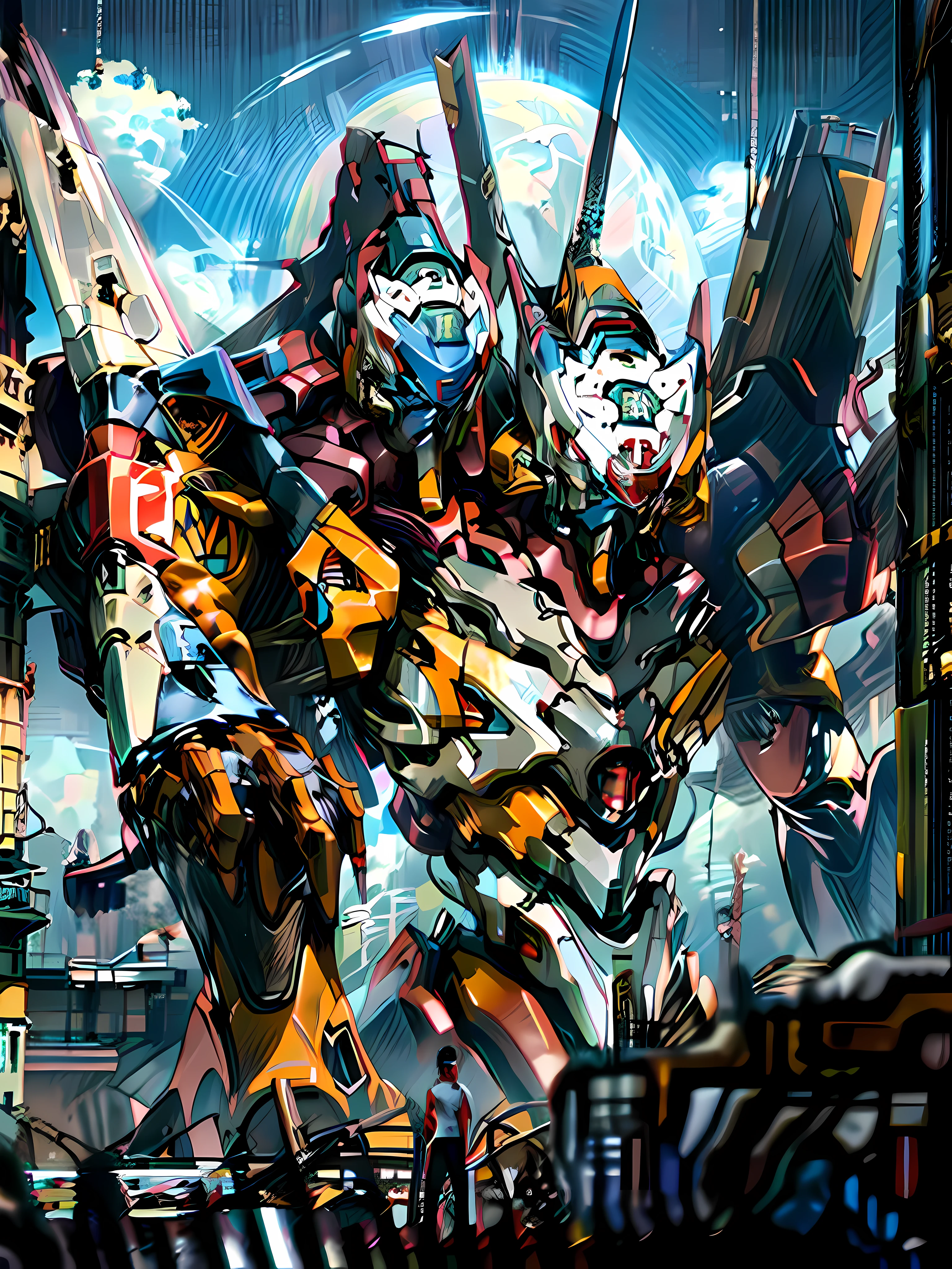 Moon, Earth Behind, Outer Space, holding_weapon, no_humans, 1machine, Camera Gaze, Gundam, (with Japan Sword: 1.3), Japan City, Traditional, Science Fiction, (Japan Building), City, Reality,
