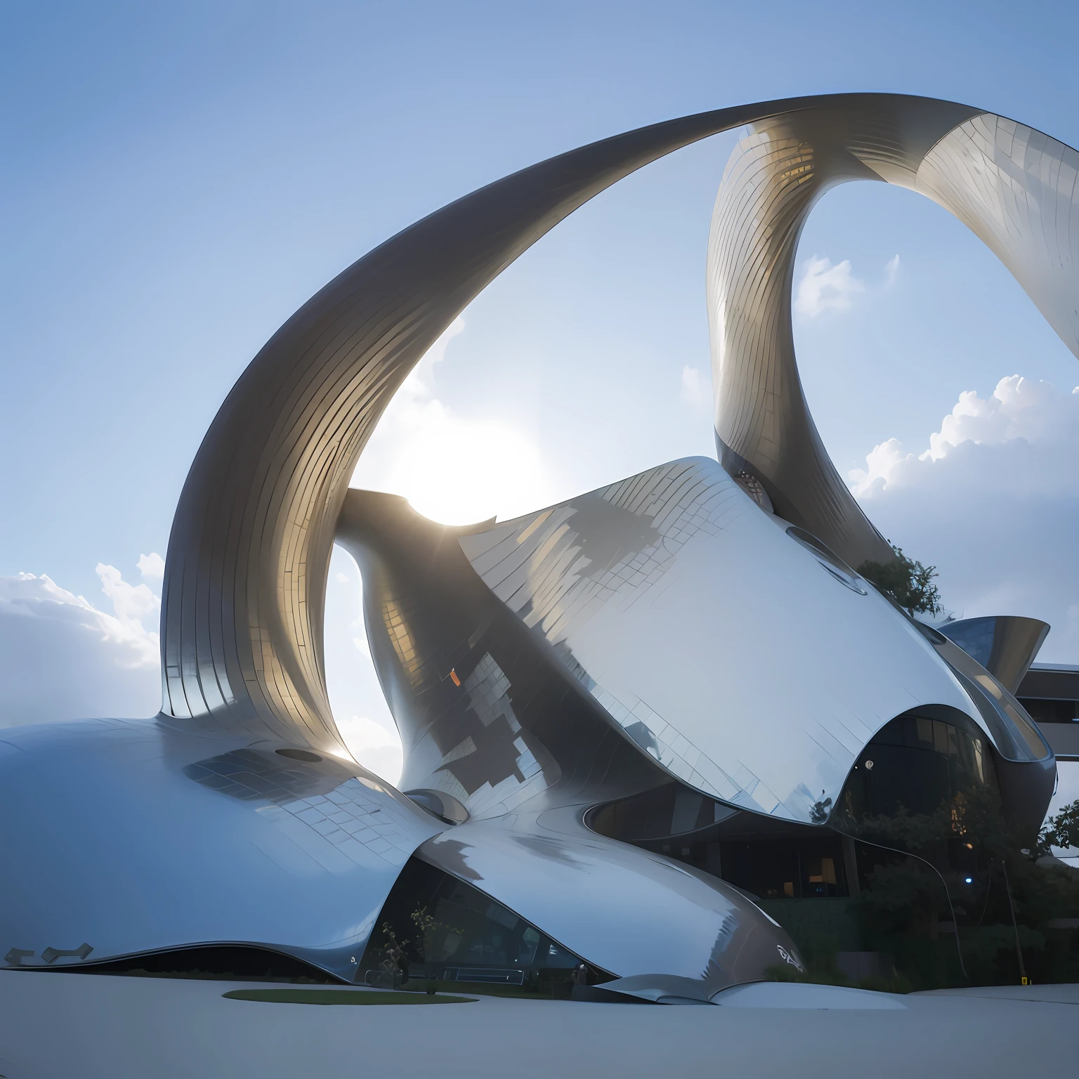 Arapt view of a building with a square plastic structure, author:Chass is silent, inspired by Zha Shibiao, in style of zaha hadid architect, futuristic architectural art, zaha hadid style architecture, flowing forms, curvilinear architecture, architecture photo, swirled architecture, high quality architectural art, Frank Gehry architecture, Frank Gehry