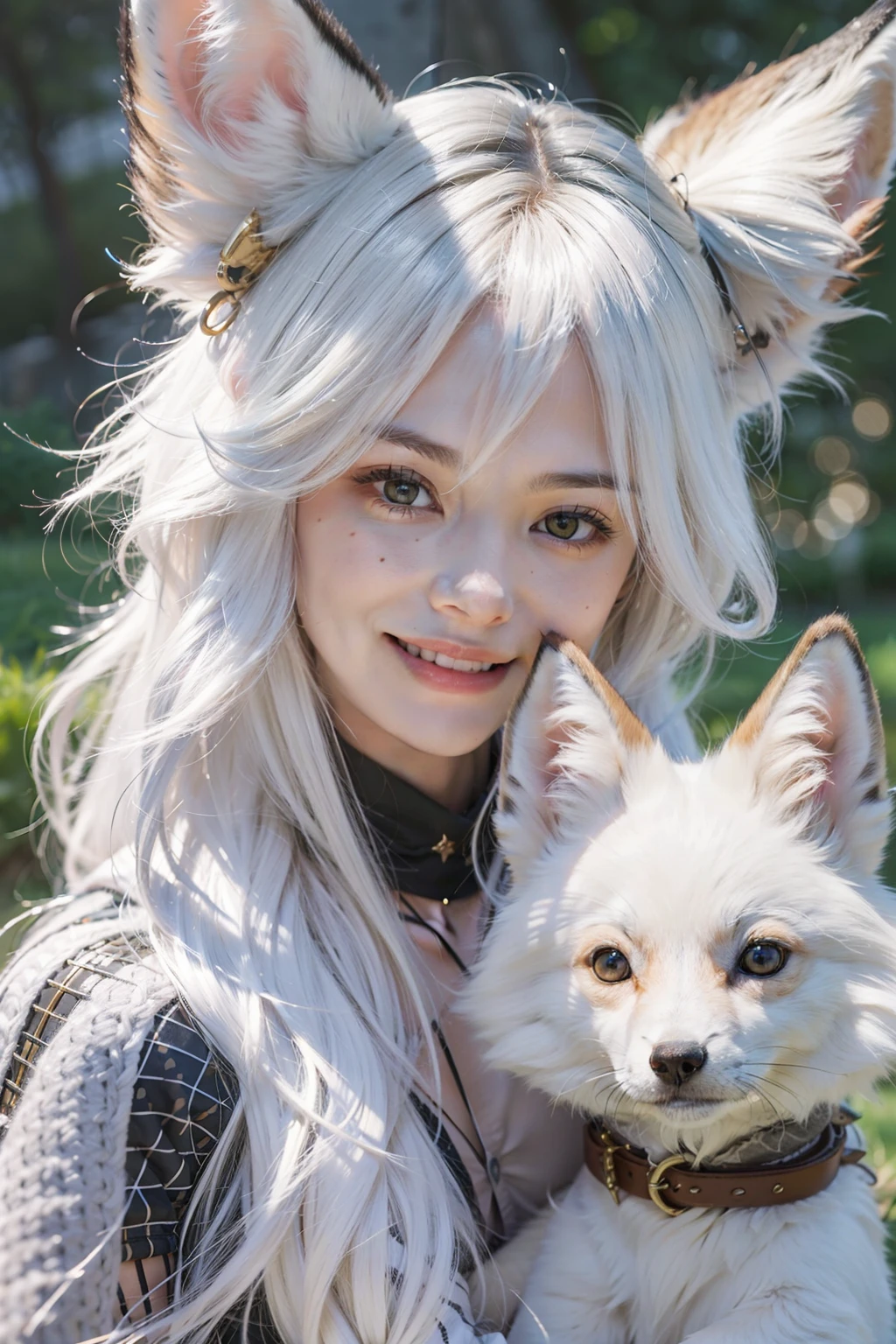 girl with white hair and fox ears, smiling, looking at the camera with a white fox at her side, high quality, high detail, masterpiece, 4K