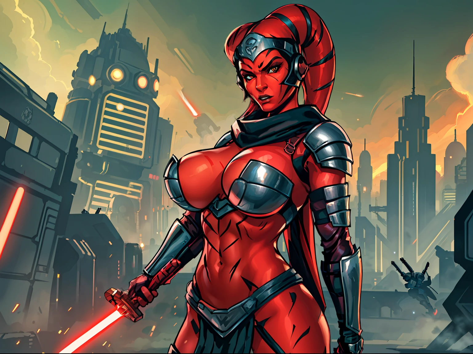 Gorgeous big tits Twi'lek woman in an action scene, (((fighting, swordfight, dual red lightsabers))), masterpiece, best quality, high-definition, armor, busty, ((red skin), twi'lek), dual red lightsabers, evil space knight, space ninja, (wearing black robes, black stealth armor, breastplate, tunic, tabard, cowl, cloak, body glove, straps, buckles, skirts, long sleeves, fantasy, ((armor))), ((busty), slender body, thin, slim sexy body, slim waist, ((gigantic breasts))), Imperial starship, Star Wars, futuristic city, warzone, soldiers in black armor