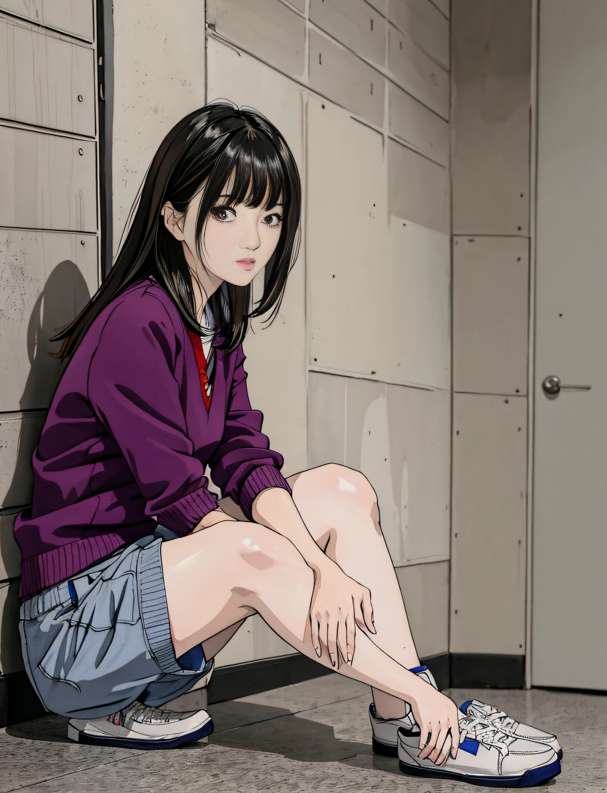 Best Quality, masutepiece, Medium shot portrait of asian woman in cardigan and shorts, Asian Squat, Low camera angle
