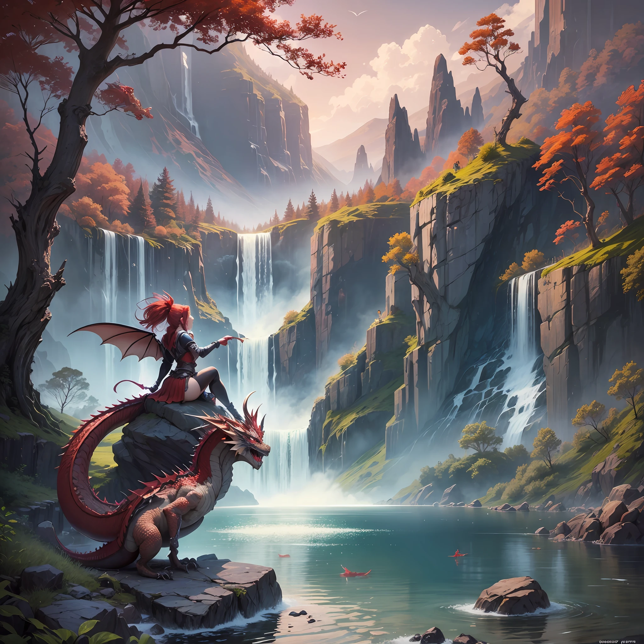 Warrior girl on top of a rock watching a set of waterfalls among the rocks, big pond, trees around, fantasy scenery,((red  dragon flying over )) dusk --auto --s2