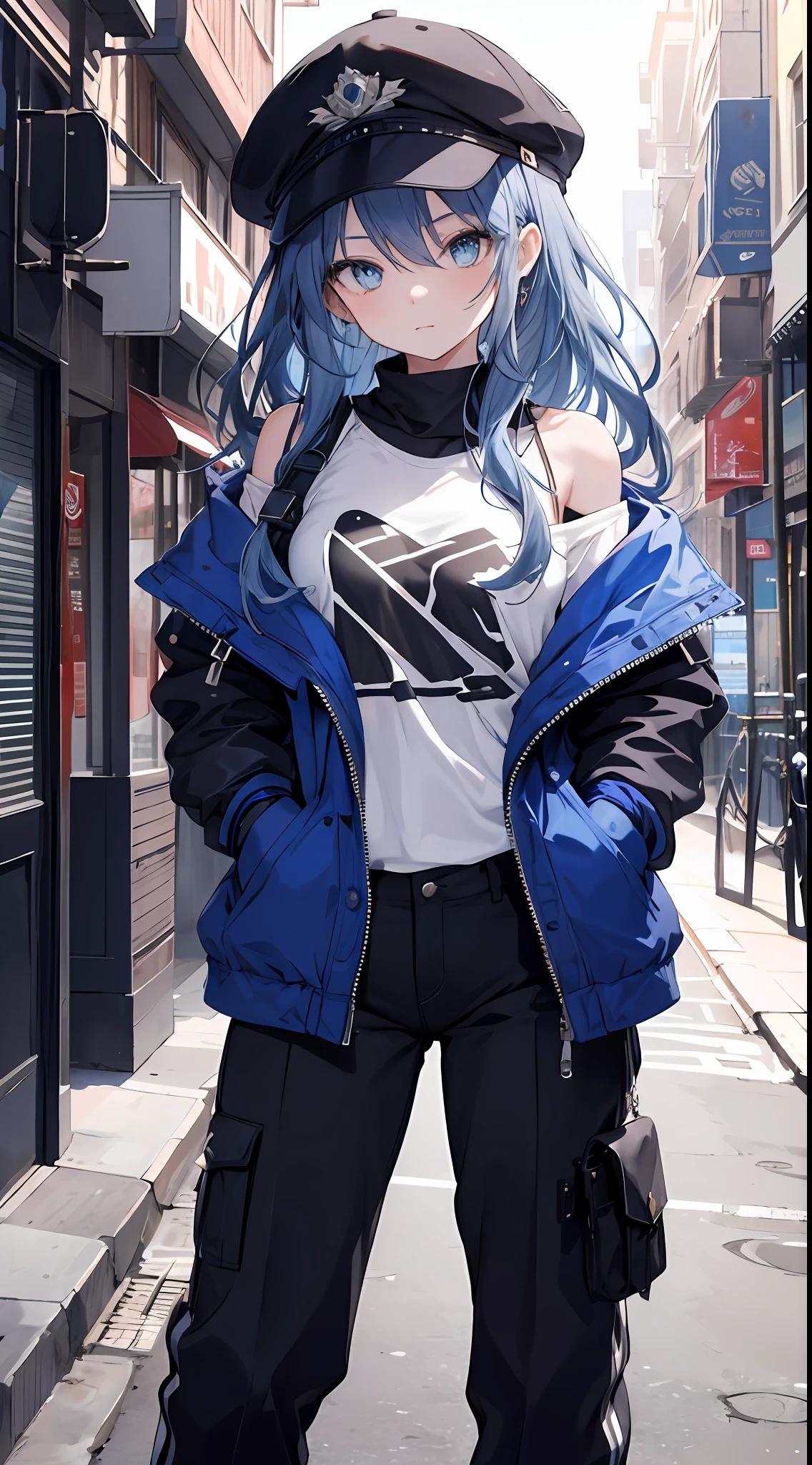 masterpiece,1girl,solo,long hair,blue hair, open jacket, off shoulder:1.2, mob cap, street,hand on hip, hand in pocket, long pants,