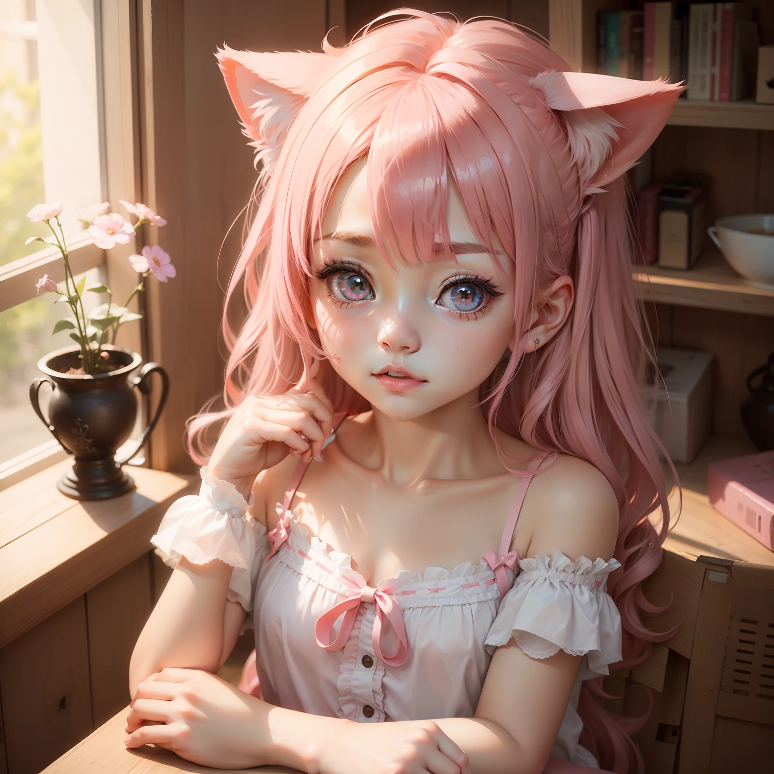 Cute little girl,Pink hair,Cat ears,Bust photo,4k画质,one-girl,Amazing,beautidful eyes,finely detailled,VerydetailedCG,Original