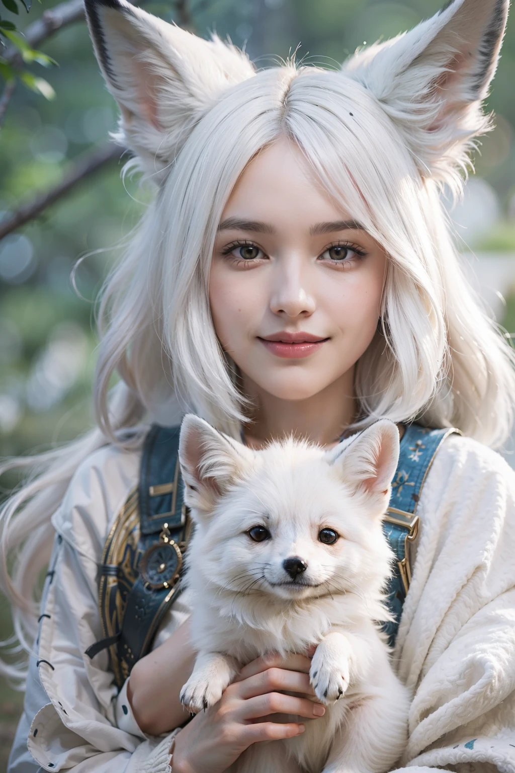 girl with white hair and fox ears, smiling, looking at the camera with a white fox at her side, high quality, high detail, masterpiece, 4K