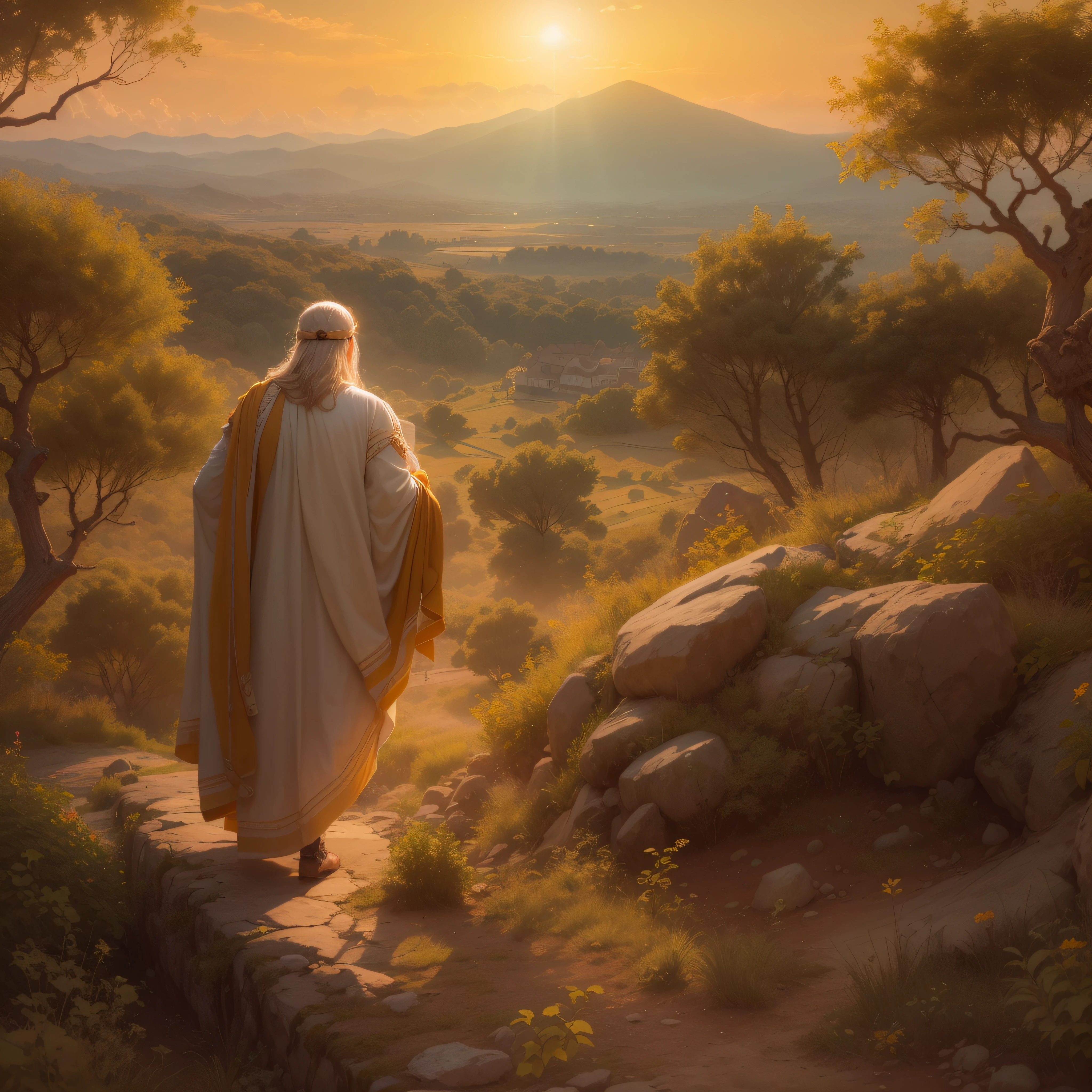 ((lifelike lighting, Melhor qualidade, 8K, Obra-prima: 1.3)), Foco claro: 1.2,Povo hebreu avistando a terra prometida pela primeira vez. Clear and golden sky, lush landscape and Moses leading with emotion and gratitude. Hope and promise in the air as they prepare to begin a new phase