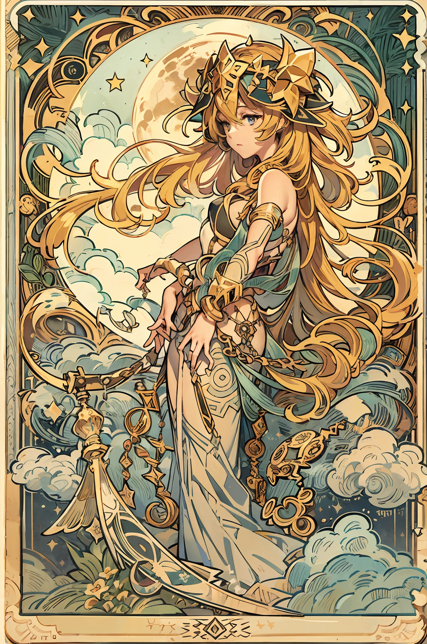 female mage，Raised sexy，Bend over and bend your hips， with long coiled hair， blond hairbl， Flower frame， Decorative panels， abstract artistic， Alphonse Mucha （tmasterpiece， best qualtiy， A high resolution： 1.4）， A detailed， Complicated details， 4K， Color splattering， Line art， Fibonacci， starrysky， natta， exteriors， Clouds， Reflectors， Eau， magick， tarot cards， Water magic，， （（beautiful golden crystal star）） buliding， palaces， Patterned， Sumeru， Clouds， themoon