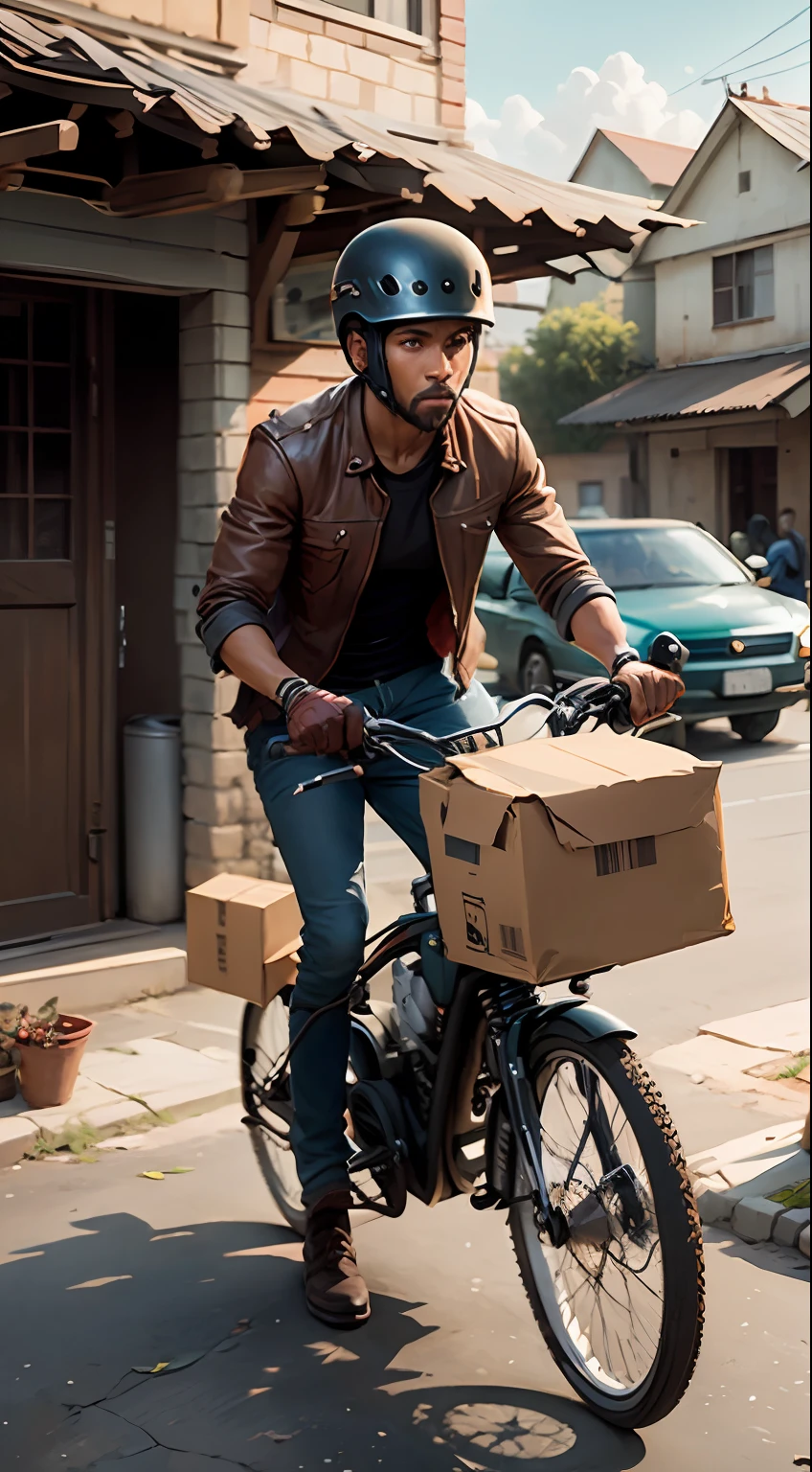 A painting of a motoboy man delivering goods outdoors to an African woman on the street from her residence