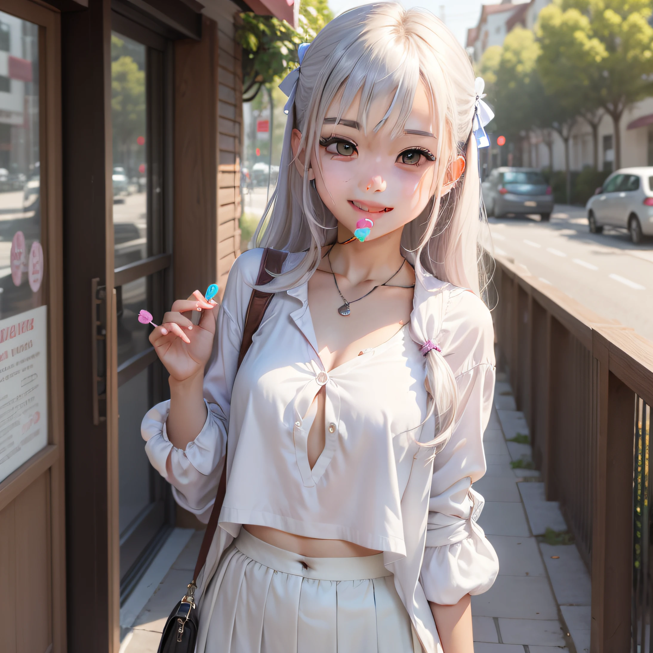 White silk JK girl,Hold a lollipop in one hand and stuff it in your mouth,Cover your chest with one hand,A cute smile