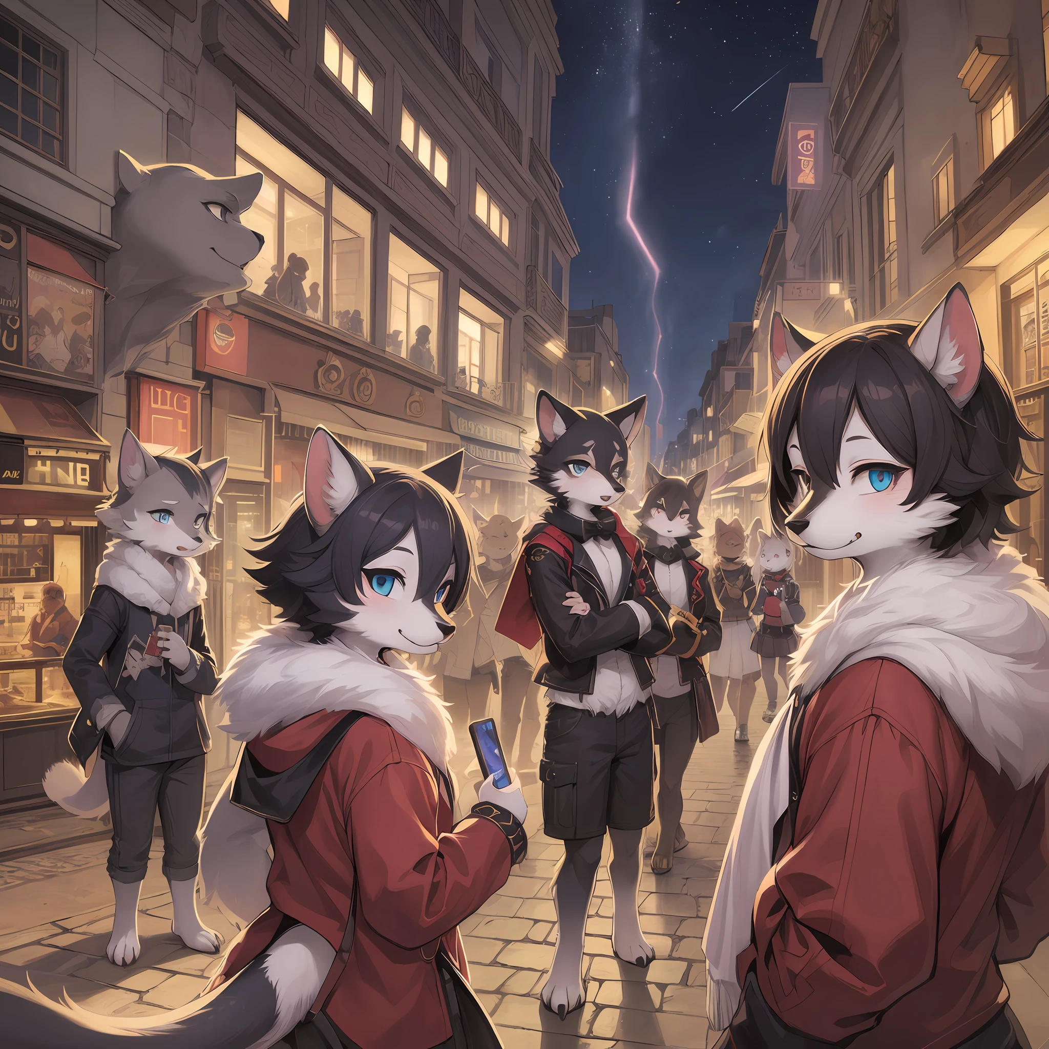 top quality, best quality, High-quality illustrations, masterpiece, super high resolution, detailed background, detailed background, Streets of Paris, group shot, 6+boys, 6+girls, night sky, absurdres(highly detailed beautiful face and eyes)perfect anatomy(Photo of family trip)(kemono, furry anthro)selfie,