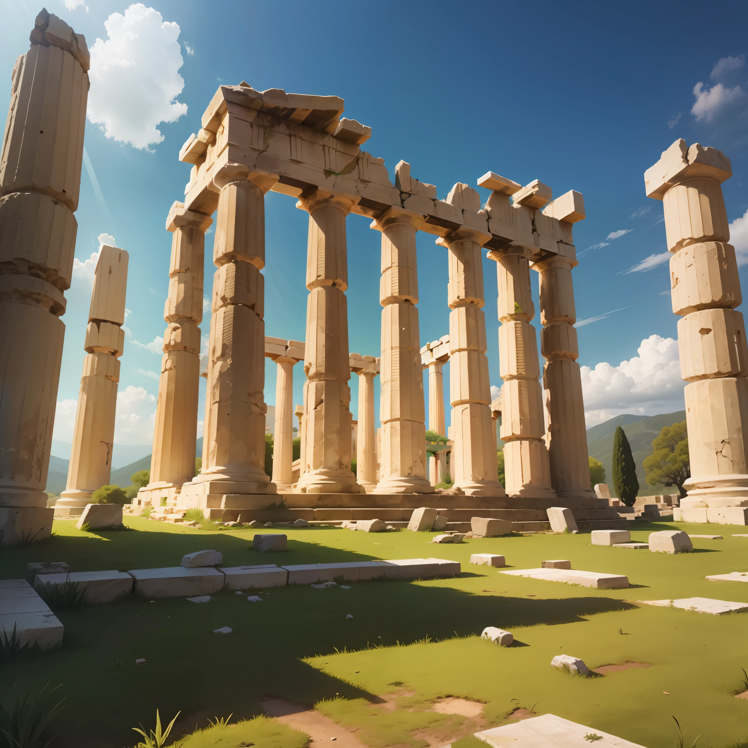 A destroyed Greek temple in a beautiful green field, hiper realista, foto ampla