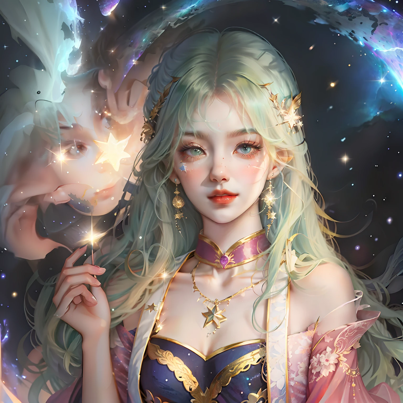 Girl with green hair。Starry sky nebula in the background,The stars twinkle