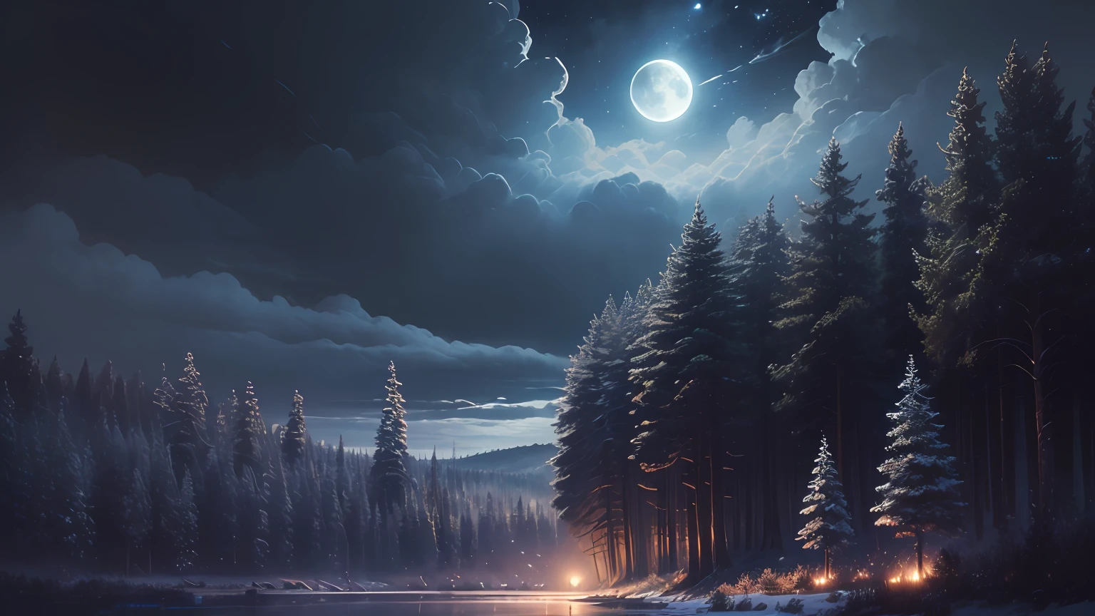 (masterpiece:1.2, best quality), (ultra-detailed), (illustration), (ultra highres), (delicate illustration), (hyper-detailed), (super detail:1.3), professional lighting, cinematic lighting, (nostalgia and peacefulness:1.3), professional (landscape painting) of natures, moon lighting, moon light on trees leaves, (dark cloud, dark night, full moon, dark lighting) --auto