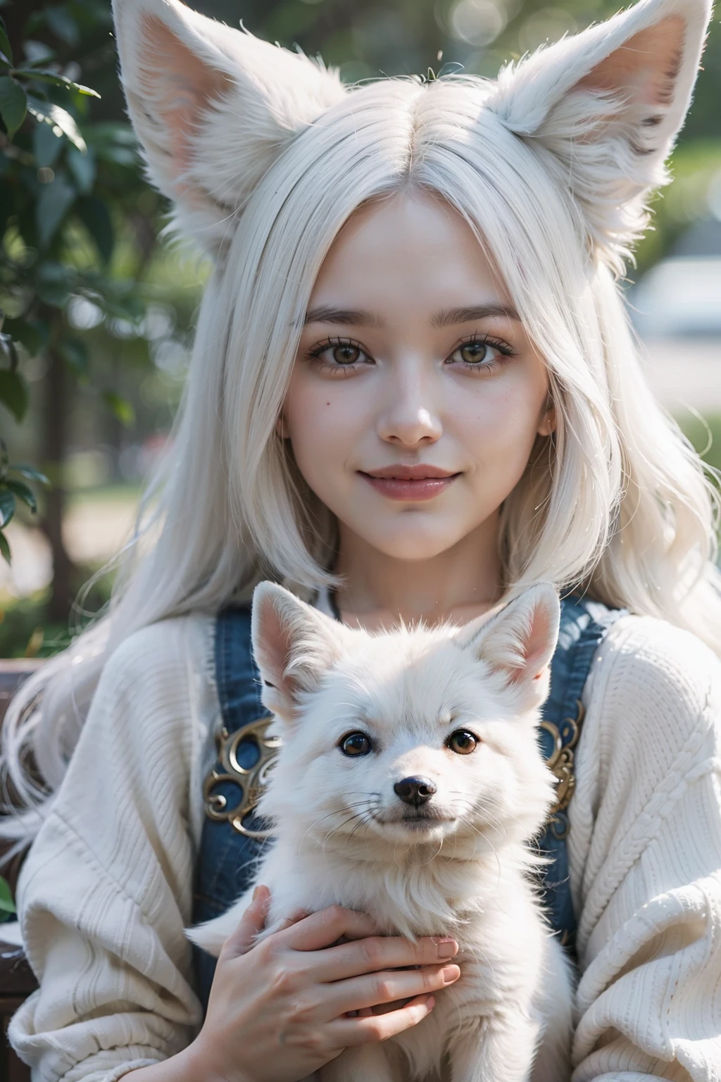 girl with white hair and fox ears, smiling, looking at the camera with a white fox at her side, high quality, high detail, masterpiece, 4K