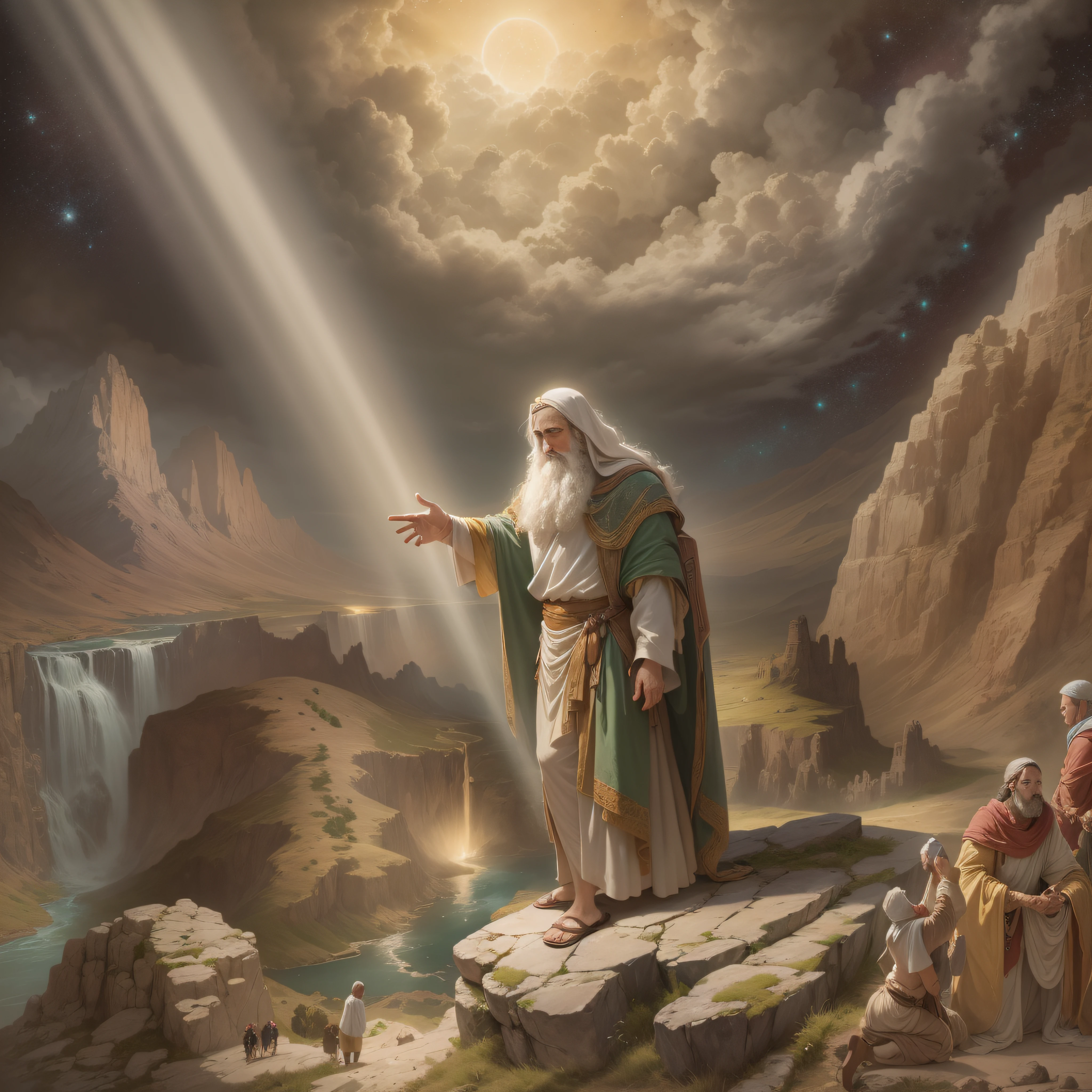 Draw an illustrative picture of God telling Moses that he would not enter the Promised Land. The scenery is imposing and heavenly, with the starry sky and a divine light highlighting Moses in the midst of a mountain. God is represented as an ethereal figure surrounded by clouds, communicating with Moses through a radiant voice and imposing presence. Moses is kneeling or prostrate, showing reverence before the divine word. His face shows a mixture of emotions, including comprehension, Resignation and acceptance, enquanto ele escuta o destino que lhe foi dado. The surrounding landscape is majestic, com montanhas e vales, representing the greatness of divine revelation. Ao longe, the Promised Land is glimpsed, com suas colinas verdes e rios serpenteando, symbolizing the destiny that Moses could not achieve. The scene conveys the importance of the moment and Moses' role as the great leader of the Hebrew people, though he could not enter the land he led his people to find