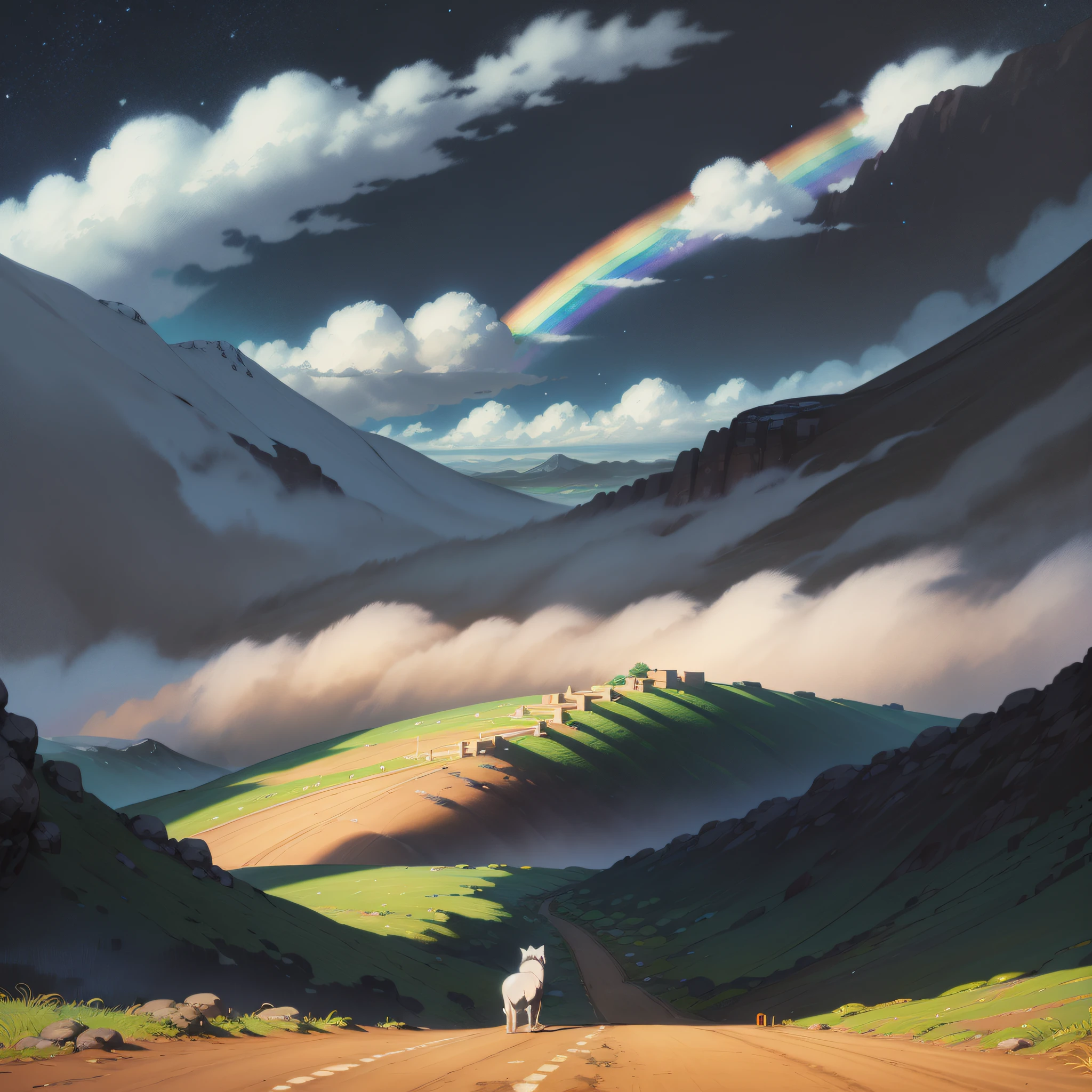 White puppy,The Alafeld dog sits on the road to the rainbow painting, rainbow road, color highway, rainbow trail,standing bravely on the road, The blue sky stands on the road, shaxi, Dog jumps over hills, Grand canyon,Tall buildings,elevation,babylon,Castle in the sky,Looking up
