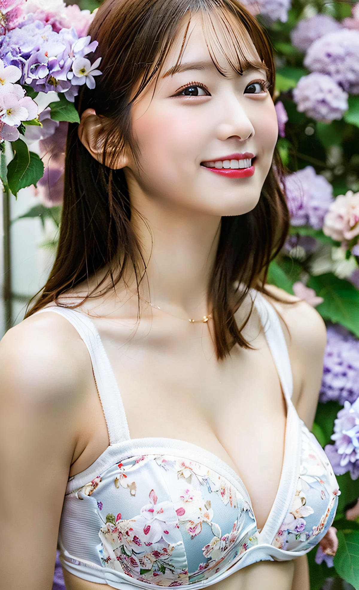 8K,超A high resolution ,(photographrealistic: 1.1) ,Detailed face ,Focus on beautiful women ,White bra, cleavage of the breast ,(tits out:1.1) ,florals ,Saturated flowers ,vivid flowers ,A slight smil ,hydrangeas ,