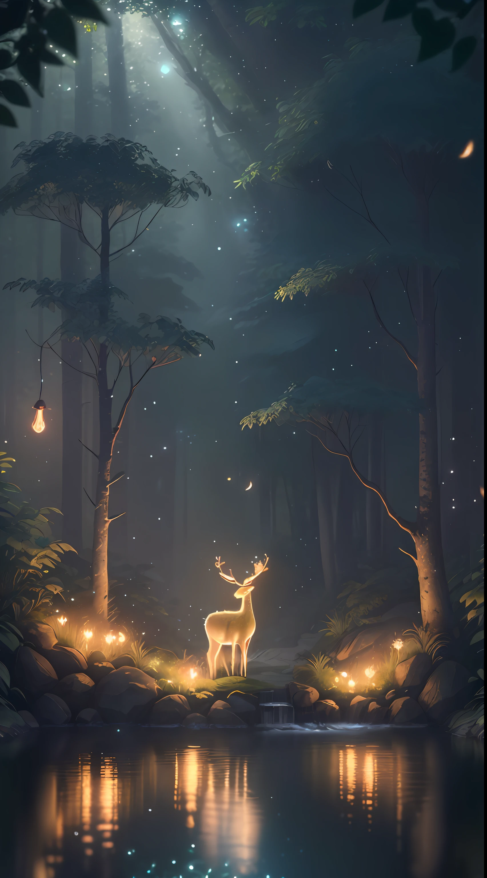 Masterpiece, best quality, (very detailed CG unity 8k wallpaper), (best quality), (best illustration), (best shadows), glow sprite, with a glowing deer, in the swimming pool Drinking water, natural elements in the forest theme. Mysterious forest, beautiful forest, nature, surrounded by flowers, delicate leaves and branches surrounded by fireflies (natural elements), (jungle theme), (leaves), (twigs), (fireflies), (particle effects) etc. 3D , Octane rendering, ray tracing, super detailed