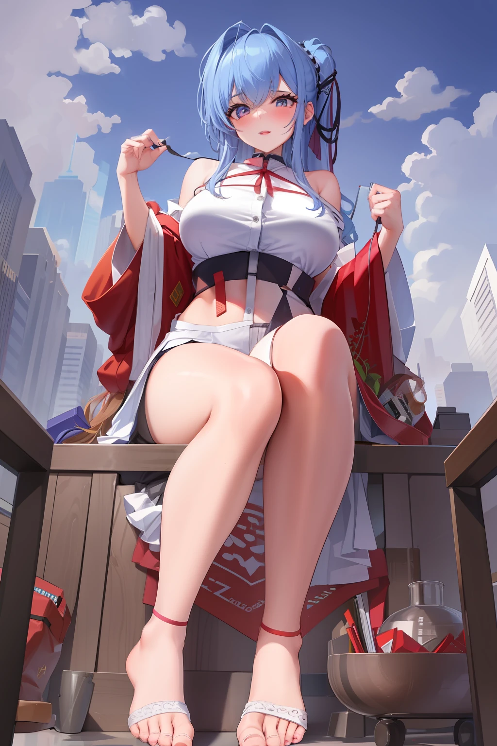 best qualtiy, hyper-detailing,Full body like,Refined face,pretty face,25 years old woman,slimfigure,Big,office lady uniform,Office wear,black lence stockings,Outdoor scene,Sit Pose,Raise the soles of the feet,Expose the soles of your feet