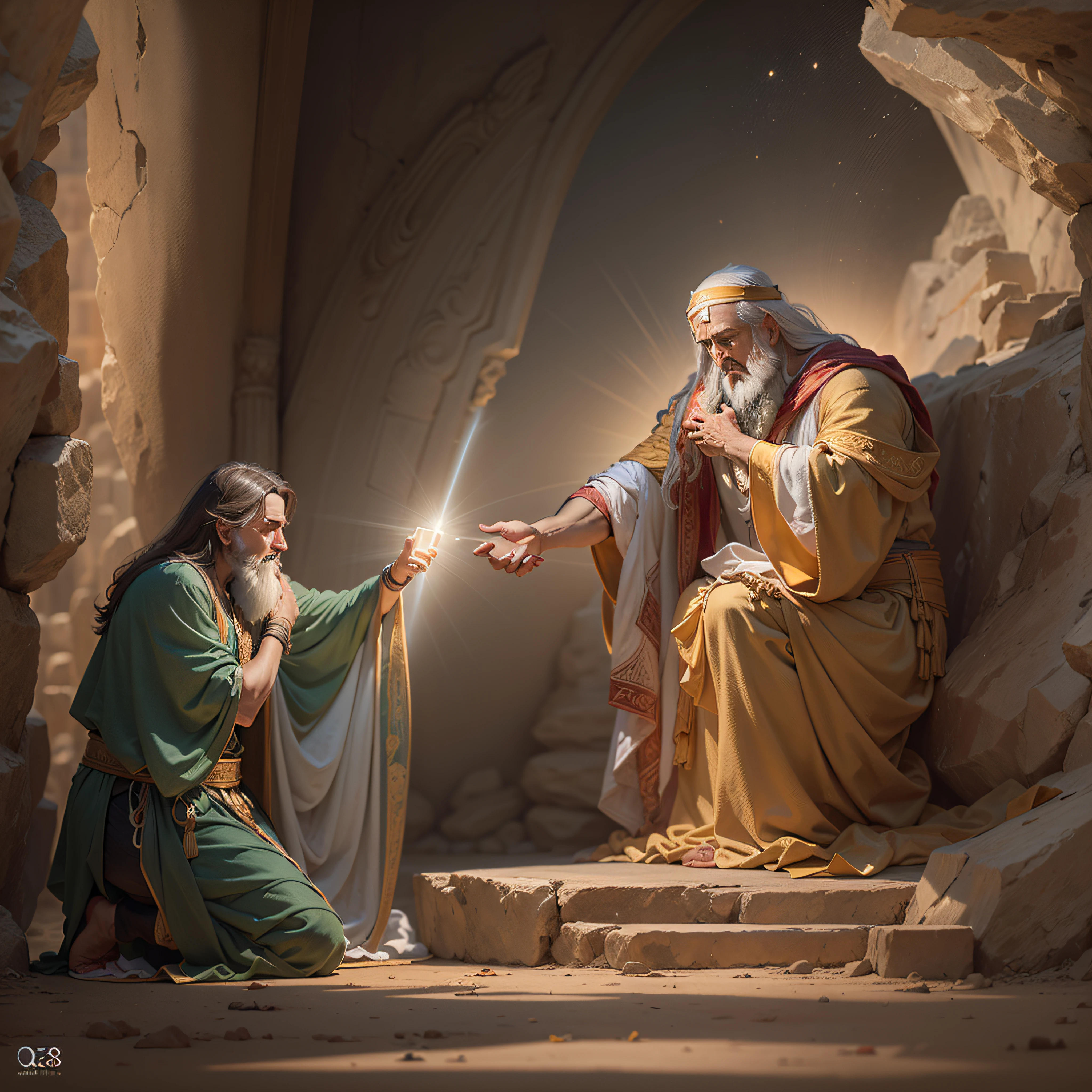 ((lifelike lighting, Melhor qualidade, 8K, Obra-prima: 1.3)), Foco claro: 1.2,Moses kneeling before God, hearing that he would not enter the Promised Land. Cena celestial e imponente, conveys acceptance and understanding of divine destiny