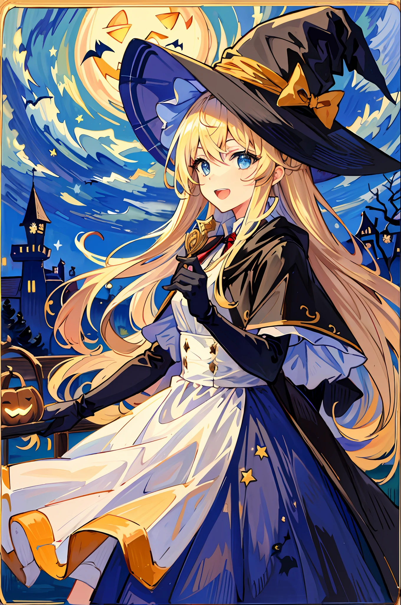 ((masterpiece:1.2, best quality)), 1girl, solo, (witch hat), blonde hair, long hair, dress, aurora, night, star (sky), gloves, sky, white dress, night sky, open mouth, starry sky, blue eyes, ribbon, very long hair, red dress, smile, hair ribbon, cape, blue hair, (bird), magic, casting spell, dark clouds, night, (impressionism:1.4), (tarot:1.3), alphonse mucha, ((halloween colors))