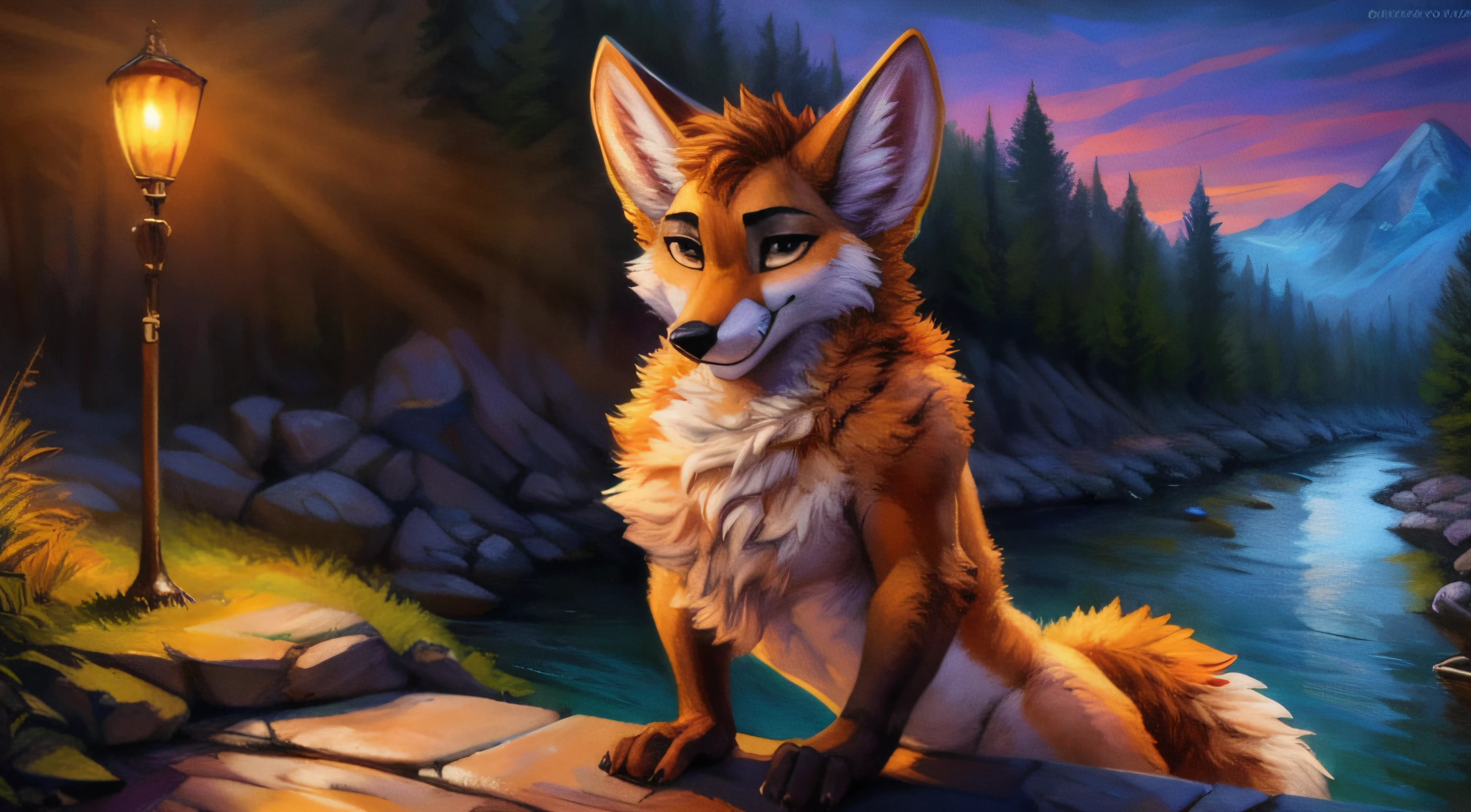 subido a e621, (por kenket, por Ross Tran, por Ruan Jia, por Foxovh) An anthropomorphic fox from Fennec (((masculino))) de (cola, pecho y cuello) esponjada, grandes manos, de ojos color ambar, con lunares cafe claro en hombros y muslos, borde de las orejas es cafe, en su cola posee 2 lunares grandes color blanco con un anillo cafe alrededor, Fursona, Looking at the camera with a mischievous look, Open Invitation, mirada picara, (In the middle of a forest with a river in the background), (detailed lighting), (cinematography lighting), [luz ambiental detallada], Fursona, ((sombra de medio cuerpo)), [luz ambiental en el vientre], [proporciones realistas], [explicit content], [foco nítido], (contenido cuestionable), (sombreado), ((obra maestra))