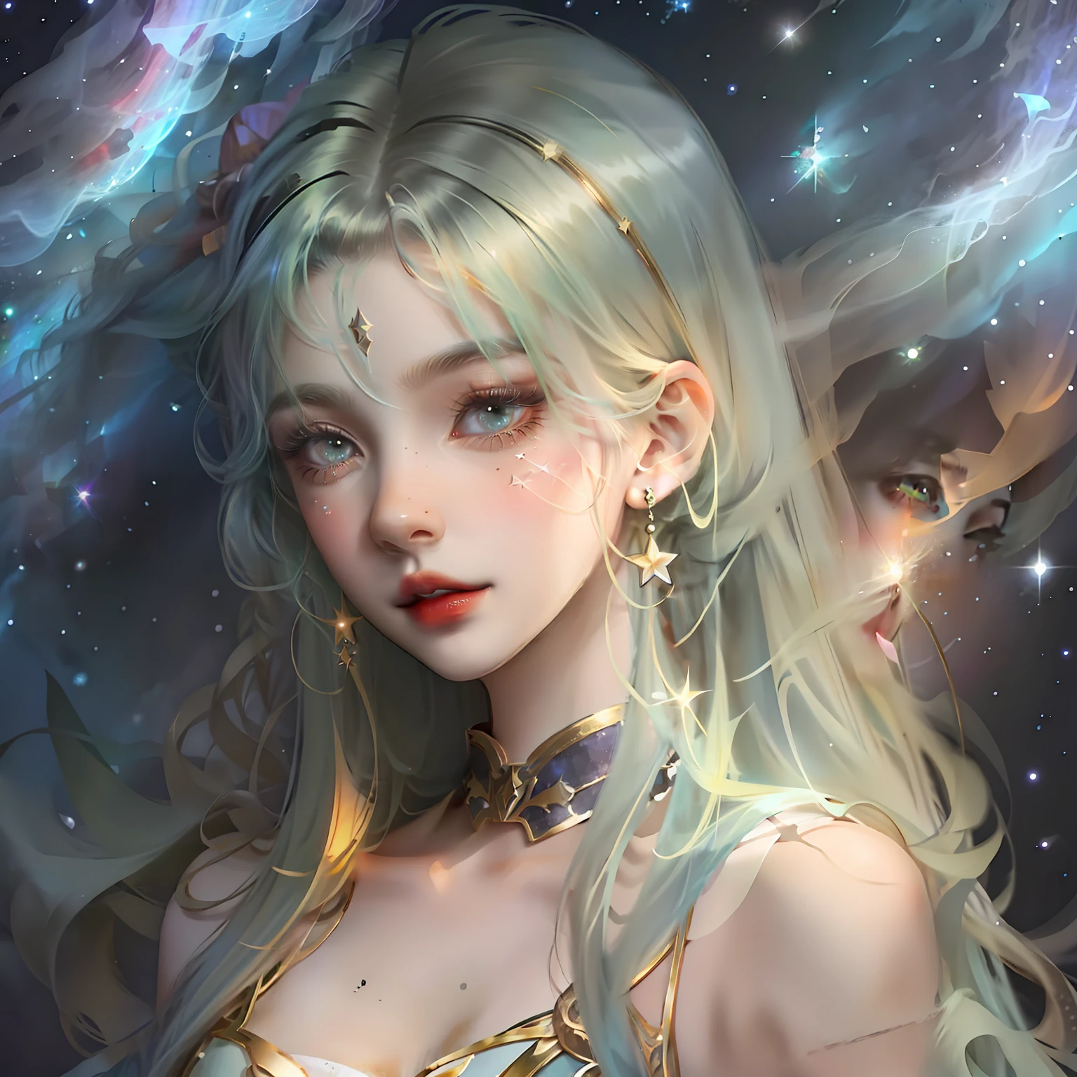 Girl with green hair。Starry sky nebula in the background，The stars twinkle