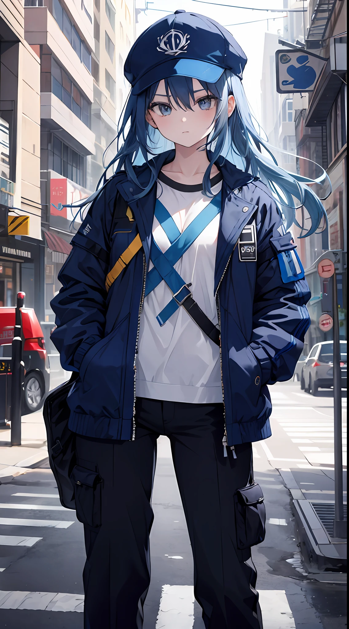masterpiece,1girl,solo,long hair,blue hair, open jacket colors, mob cap, street, hand on hip, hand in pocket, long pants,