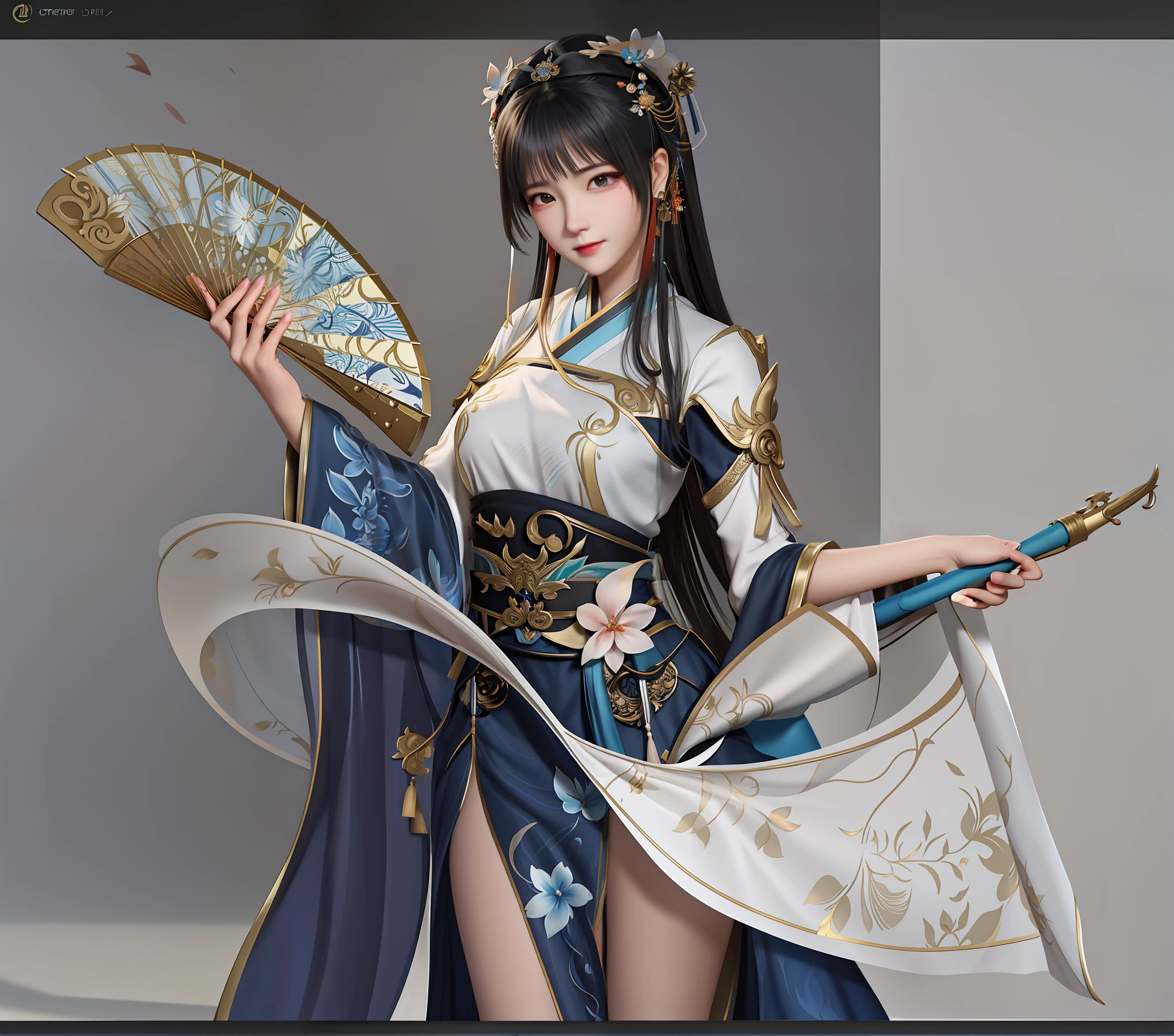 Beautiful woman in era blue dress,Holding a paper fan in his right hand,Holding a brush in his left hand,A girl in Hanfu, trending on cgstation, Inspired by Lan Ying, a beautiful fantasy empress, full-body xianxia, Inspired by Qiu Ying, inspired by Du Qiong, G Liulian art style, Inspired by Li Tang, Chinese clothing 32K Ultra HD, Light cyan and light amber, Beautiful woman in floral pattern dress, in the style of anime art, Light cyan and amber, Detailed facial features, Dream illustration style zbrush, UHD image, Feminine elegance, light gold and bronze, anime artsyle,Organic and flowing forms, Free brush strokes, illustrated ,in the style of artgerm,Long-sleeve tickets,Excellent quality,Action painter,amazing moment,Vray,Unreal Engine5,cinmatic lighting,Particle,bokeh,Realistic pvc textures,32k,cinematic photogtaphy,Full body vertical painting,poster for,