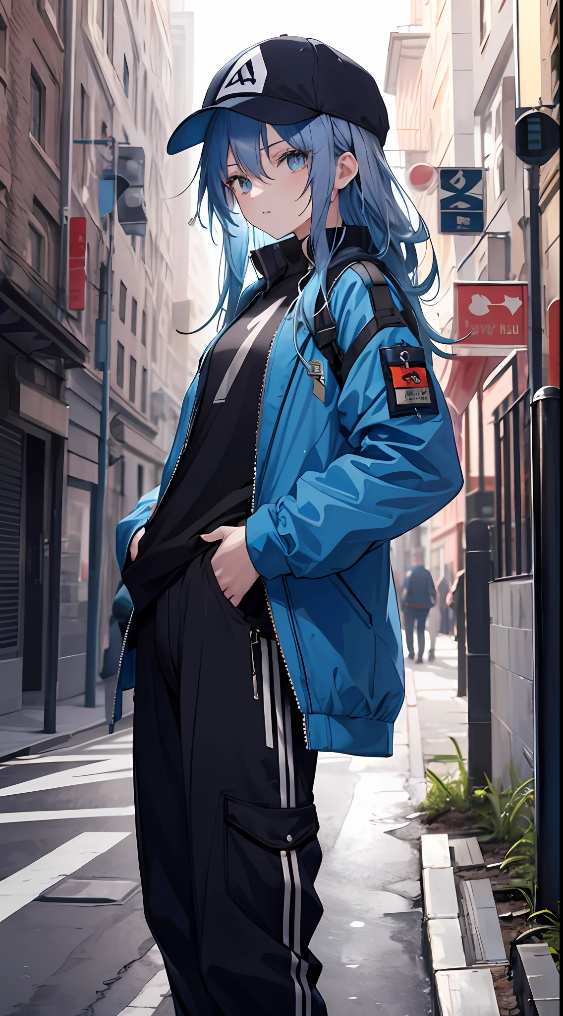 masterpiece,1girl,solo,long hair,blue hair, open jacket colors, mob cap, street, hand on hip, hand in pocket, long pants,