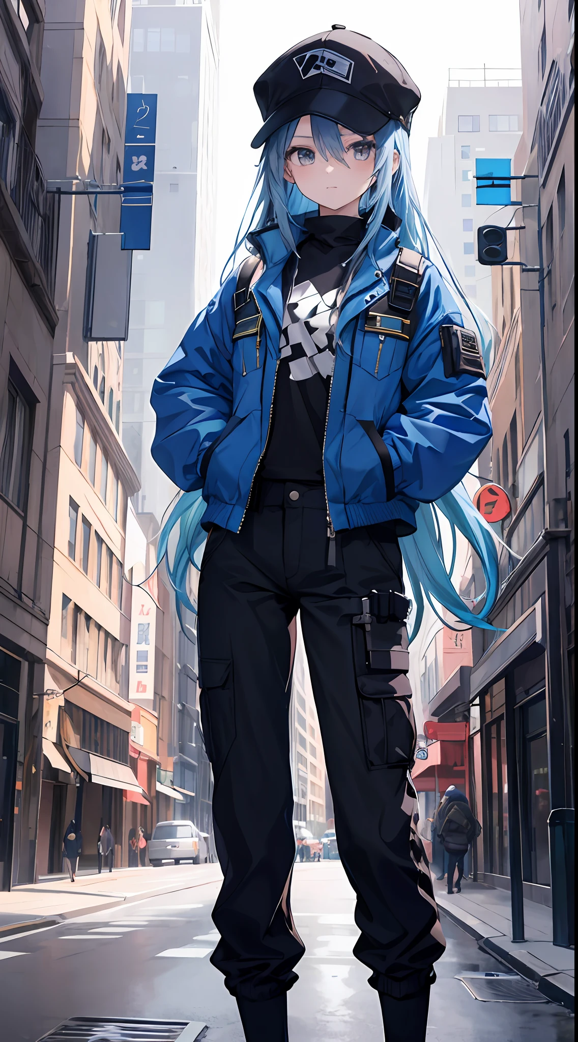 masterpiece,1girl,solo,long hair,blue hair, open jacket colors, mob cap, street, hand on hip, hand in pocket, long pants,