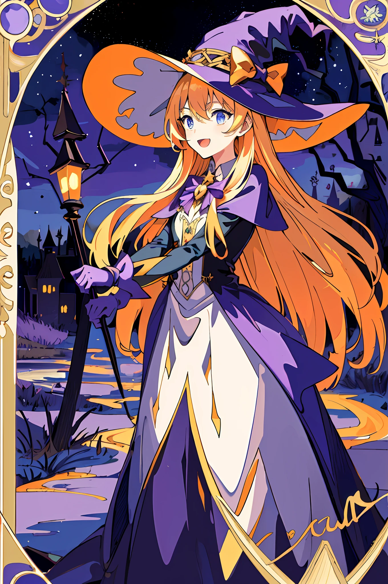 ((masterpiece:1.2, best quality)), 1girl, solo, (witch hat), blonde hair, long hair, dress, aurora, night, star (sky), gloves, sky, white dress, night sky, open mouth, starry sky, blue eyes, ribbon, very long hair, red dress, smile, hair ribbon, cape, blue hair, (bird), magic, casting spell, dark clouds, night, (impressionism:1.4), (tarot:1.3), alphonse mucha, ((bright halloween purple, yellow, blue, orange colors)), ((bright colorful candy))