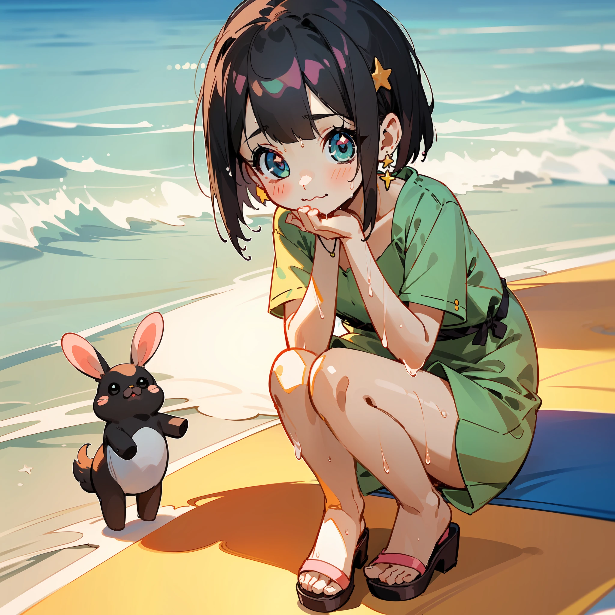 (Highly detailed CG Unity 8k wallpaper), (Best Quality), (Super Detail), (Best Illustration), (Best Shadow), POV, Realistic lighting and shading, Natural light, Lens flare effect, BREAK, 1 beautiful girl, Solo,(Cute:1.5),(Chibi:0.8), (kawaii:1.5),(Lori:0.5), BREAK, ((girl, Cute, Cheerful, Loli face, slightly bulging chest,(A dark-haired,Disheveled short bob,tareme:1.2), gleaming skin, Stuffed rabbit,BREAK,(Wet Casual Beachwear:1.2), (lightweight summer one-piece dress:1.2), (White rabbit ear headband:1.0), (flipflops:1.0), (star-shaped earring:1.1), (Cute Accessories:1.3), (A surprised face to see my sister who is falling,The face is pale, Staring ,Empty mouth:1.1), (Crouching Pose, Putting your right hand over your mouth:1.3), (Beach background:1.3),🌄